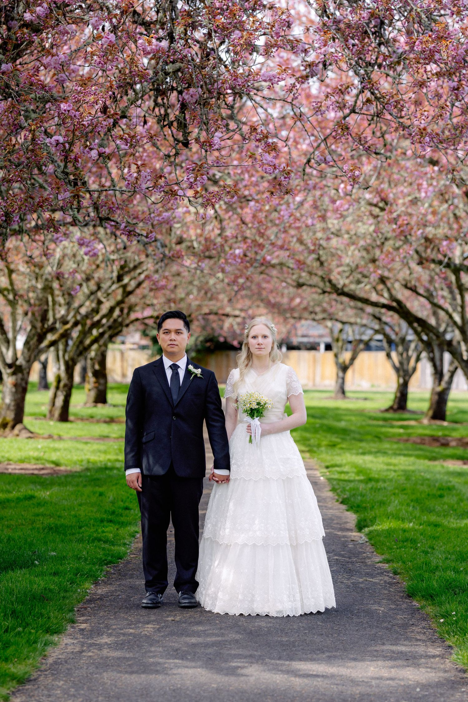 A bride and groom hold hands and stand together on a path lined with stunning pink cherry blossom trees.