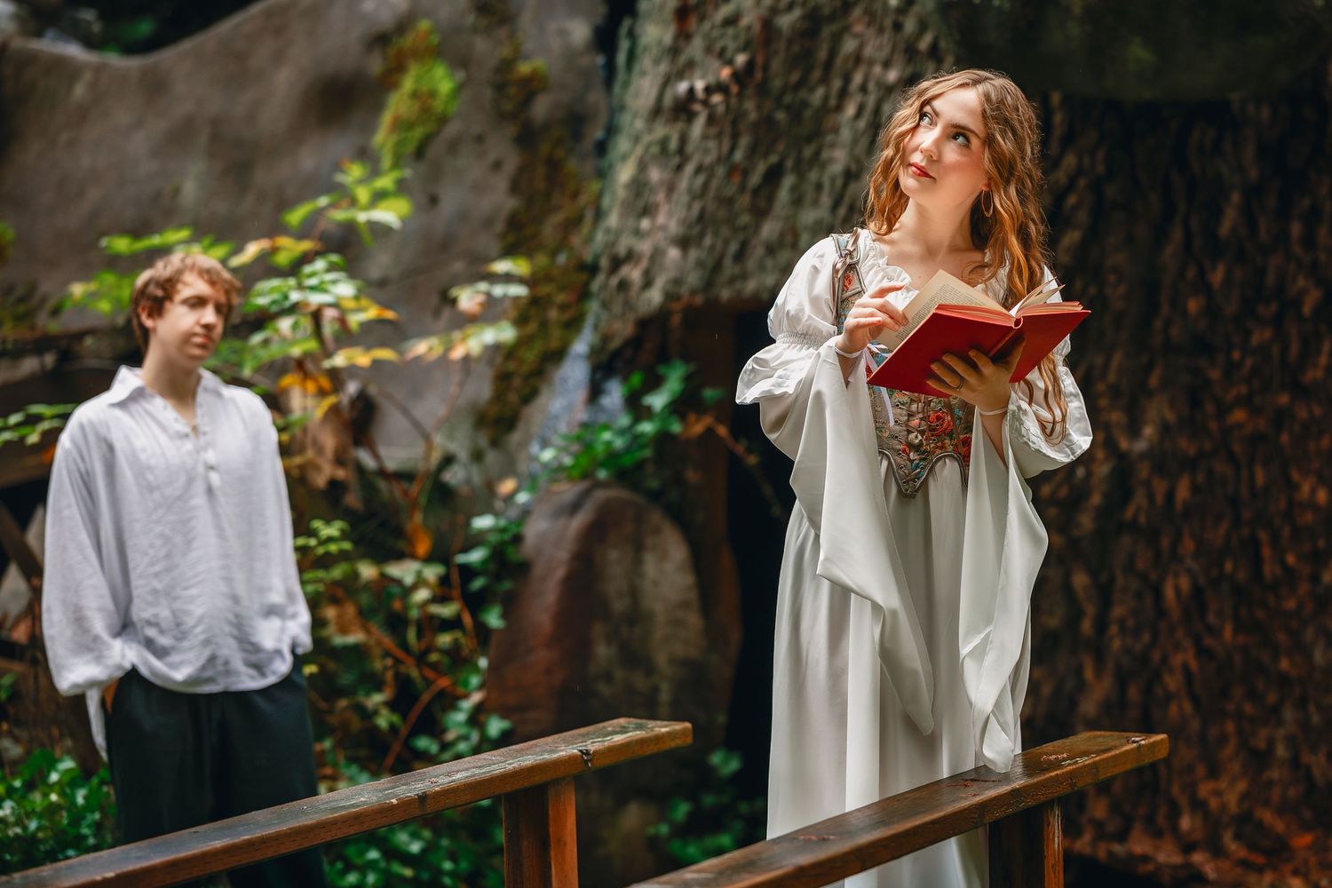 A series of dreamy forest portraits showing a person in flowing white dress posing against dark trees and natural scenery.