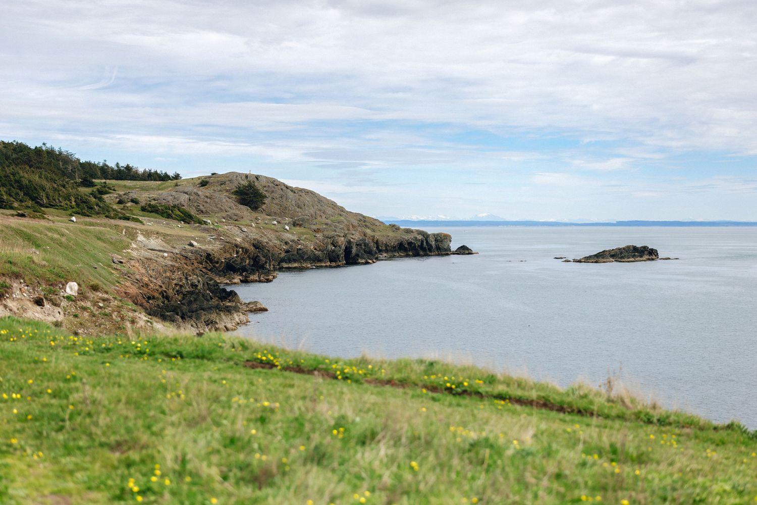 Scenic coastal landscape with green grassy cliffs overlooking calm blue ocean waters under a partly cloudy sky.
