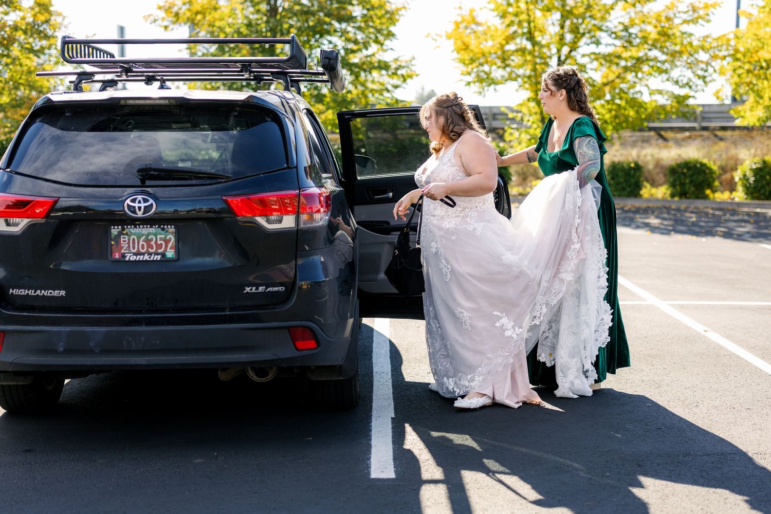 A sequence of four photos showing someone in a white dress getting into a black Toyota SUV in a parking lot.