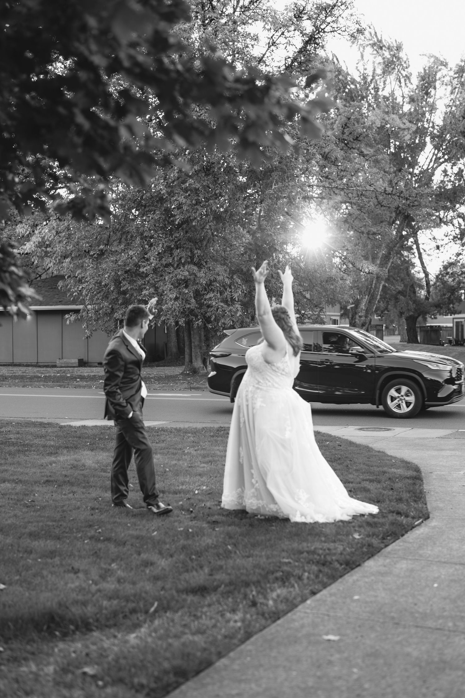 Black and white photo sequence of a couple walking outdoors after their wedding ceremony.