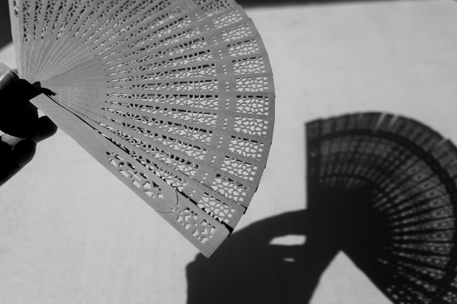Decorative wooden fans creating artistic shadow patterns in black and white.