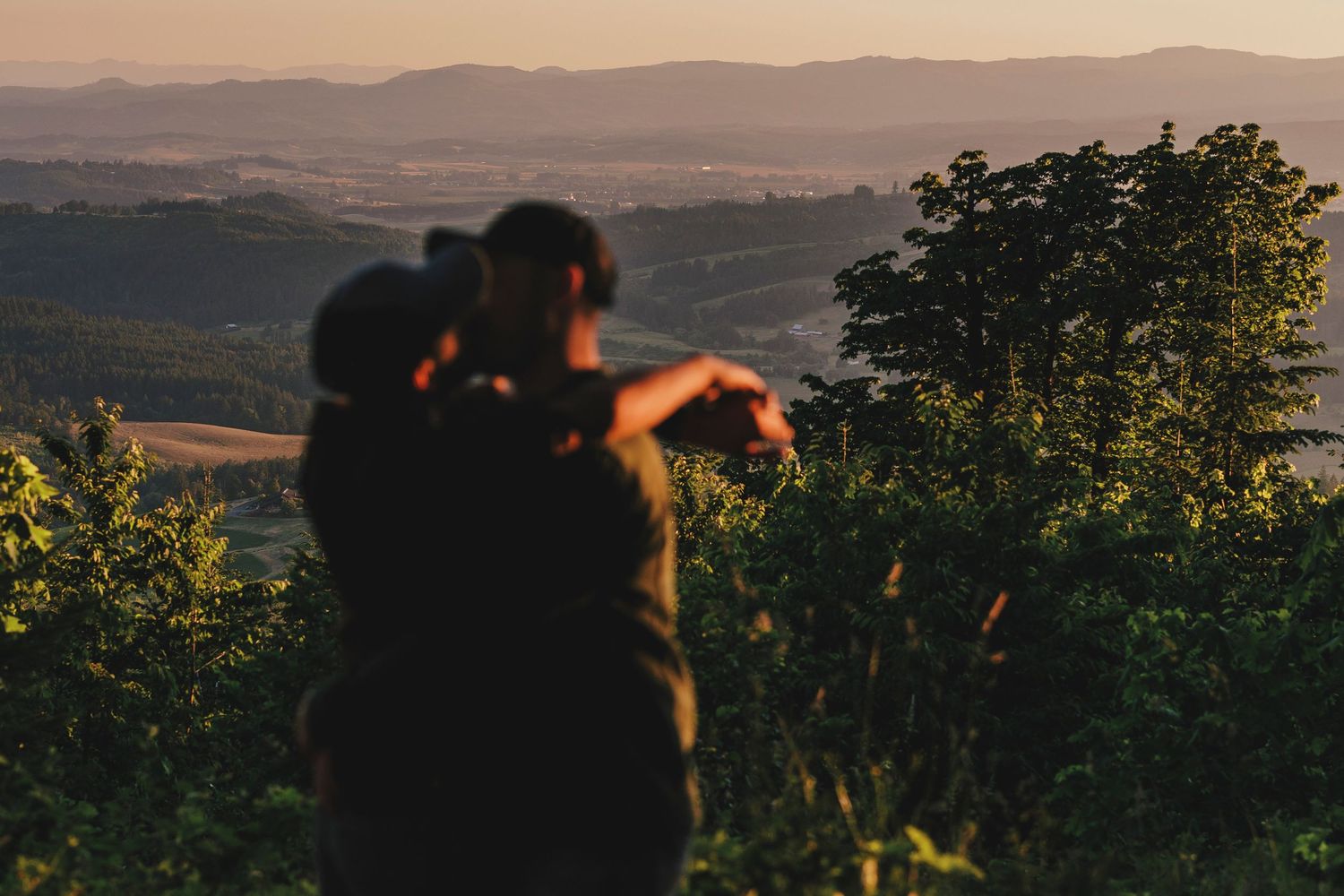 Silhouetted figure points across scenic mountain landscape during golden hour, with lush foliage in foreground.