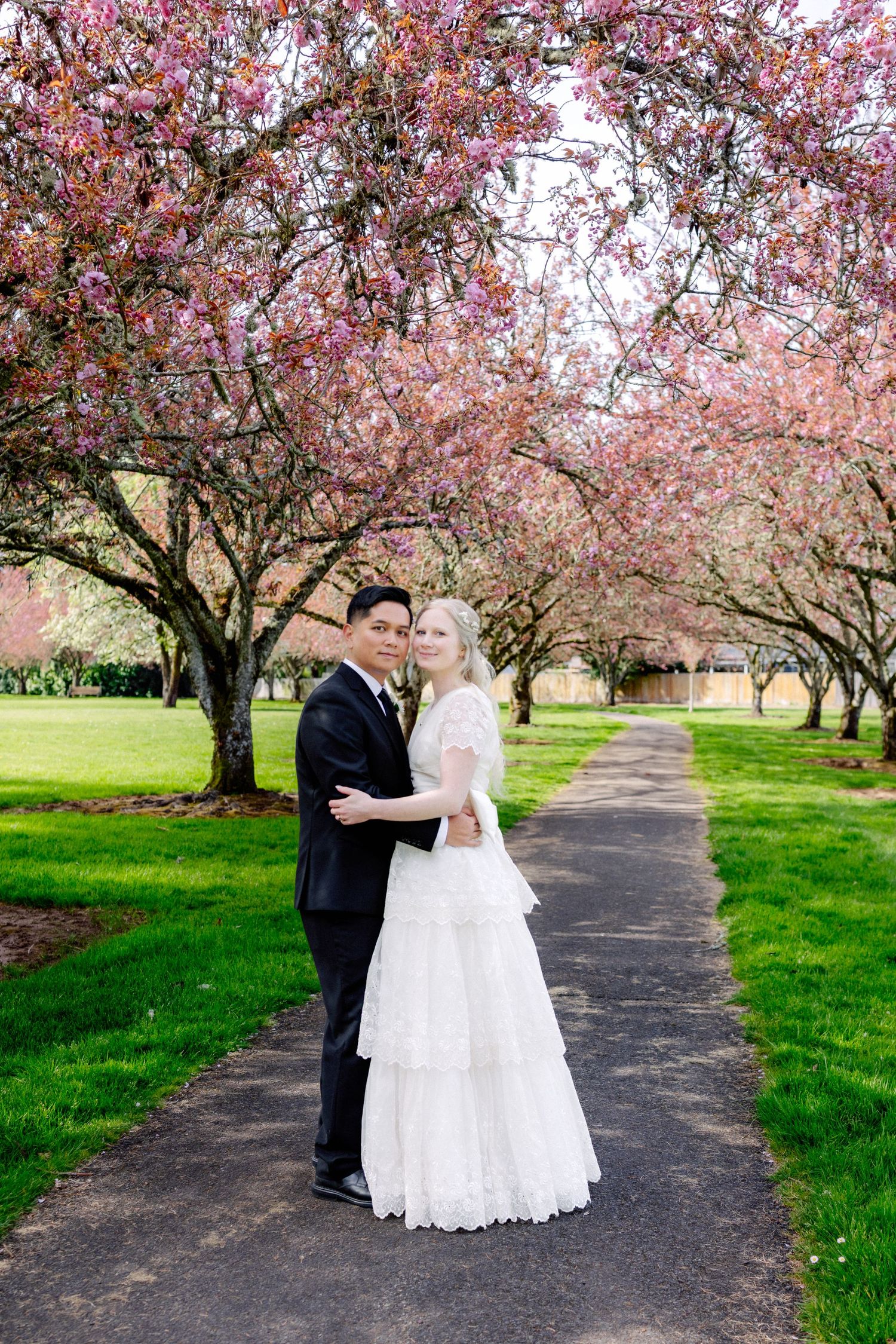 Bride and groom embracing on a path lined with pink cherry blossom trees.