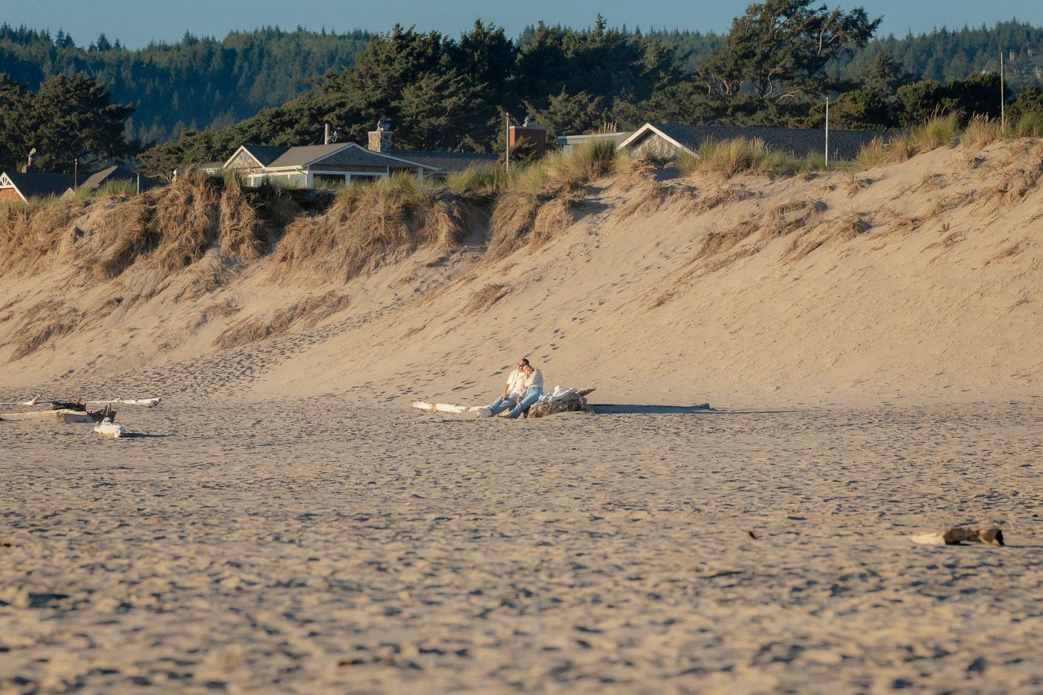 Person sitting on a sandy beach with surf board near grass-covered dunes and coastal homes in background.