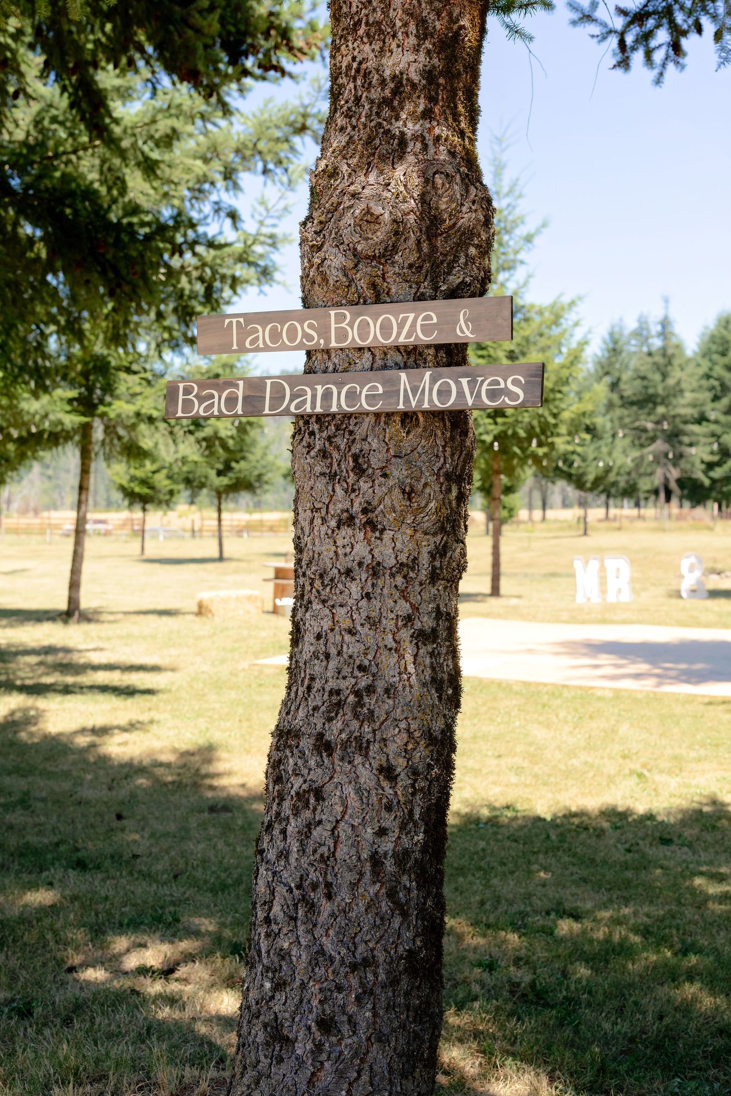 Rustic wooden sign on a tree reading Tacos Booze and Bad Dance Moves at an outdoor wedding.