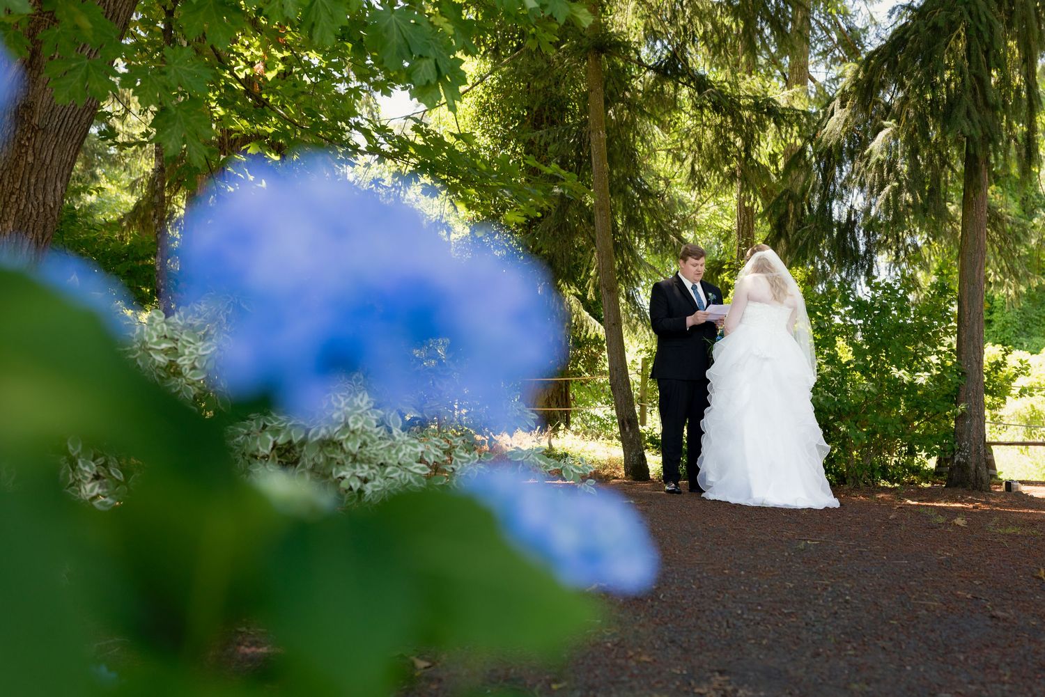 Bride and groom sharing a romantic moment on a tree-lined path with blue hydrangeas in foreground.