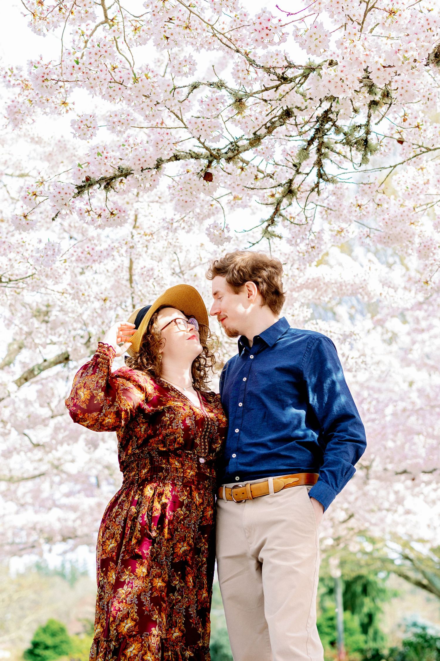 A romantic moment under blooming cherry blossoms with delicate pink petals overhead.