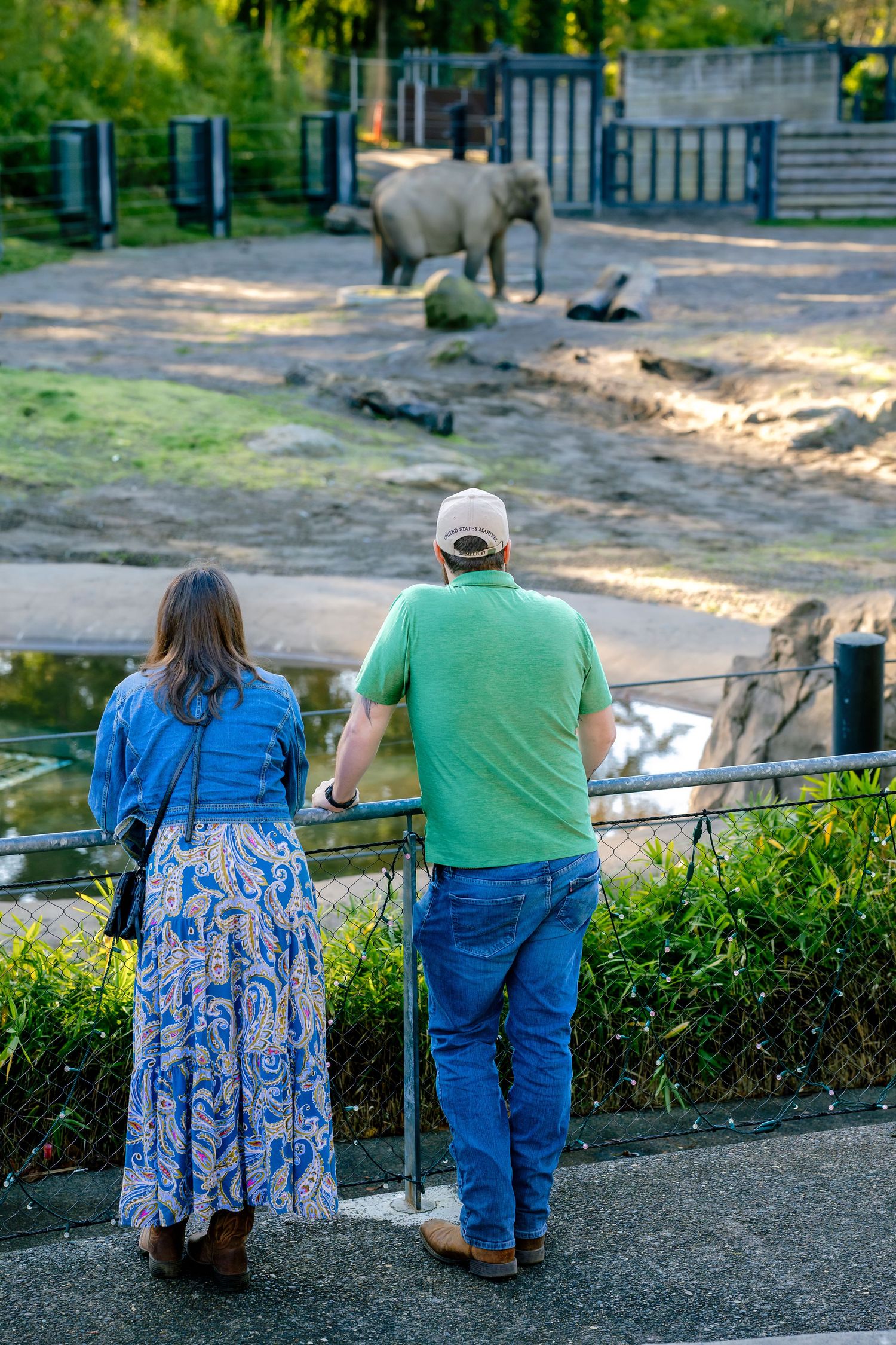 A couple sits together on a bench overlooking an outdoor enclosure at a zoo or wildlife park.