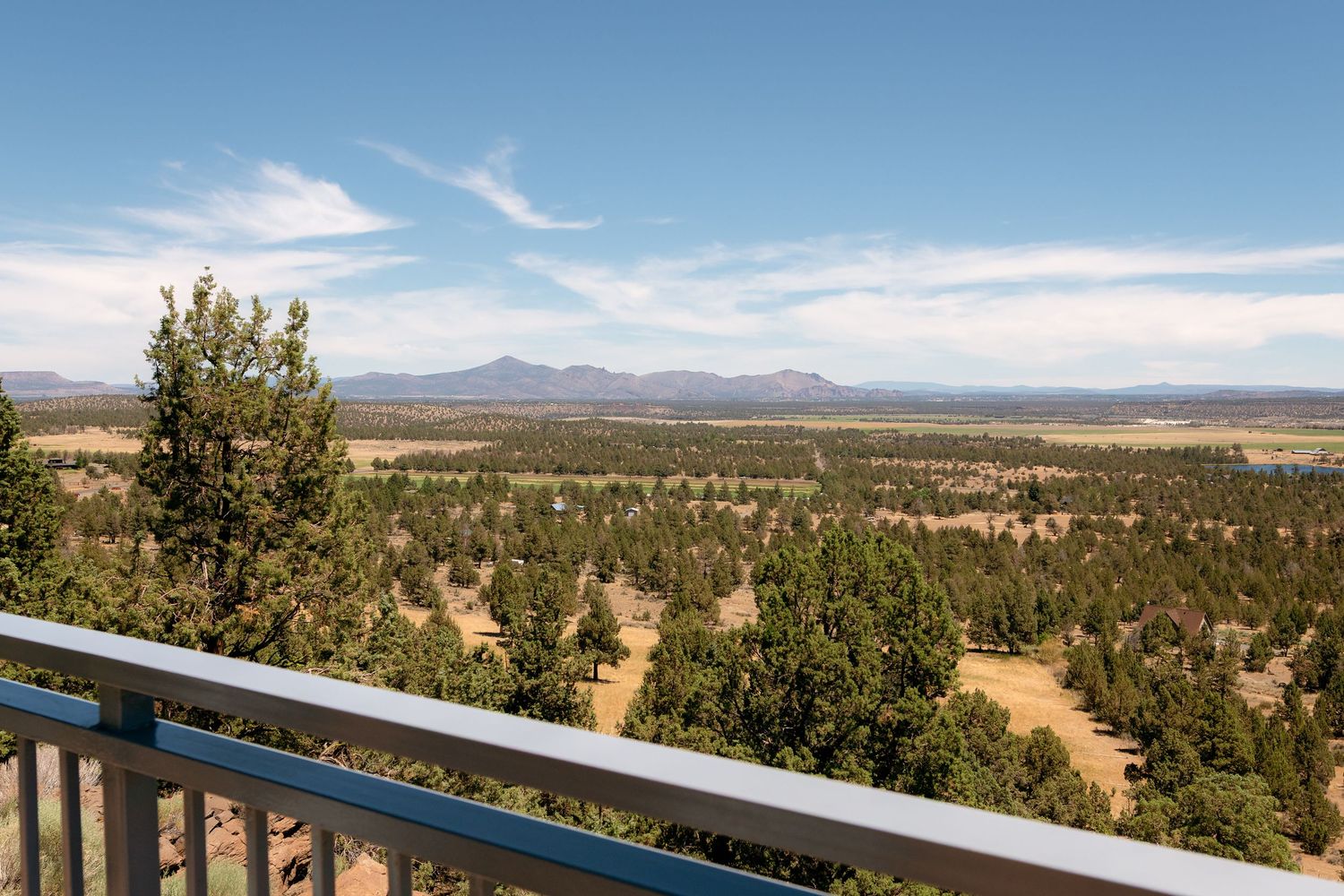 Panoramic view from a balcony overlooking vast pine forest with distant mountains under a blue sky.