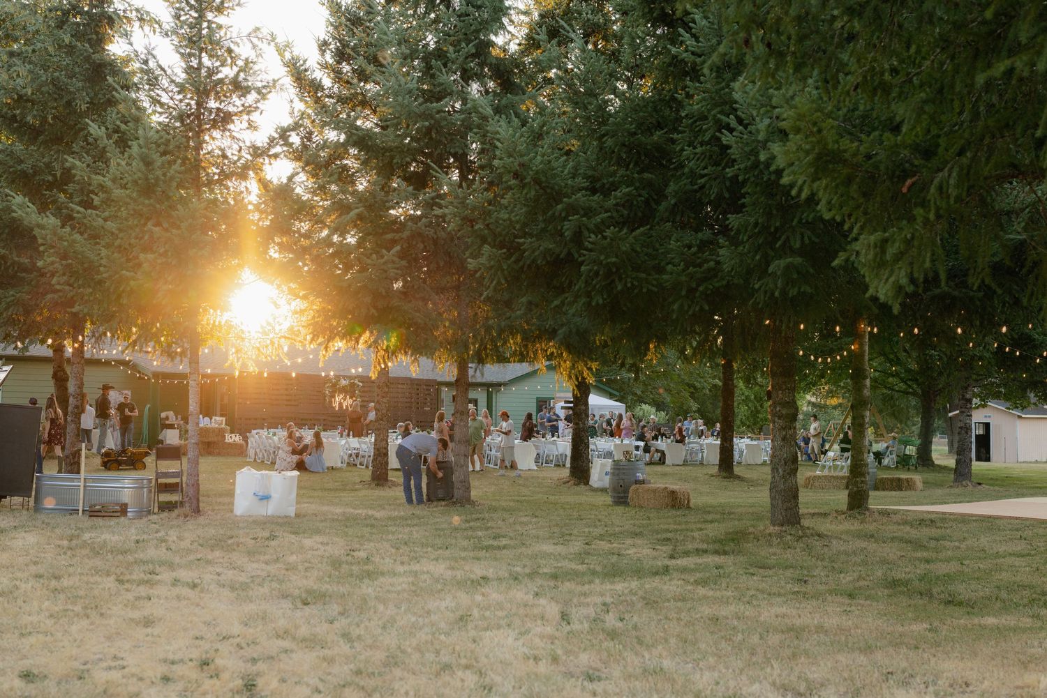 Golden sunset illuminates a rustic outdoor wedding reception with string lights and hay bale decorations.
