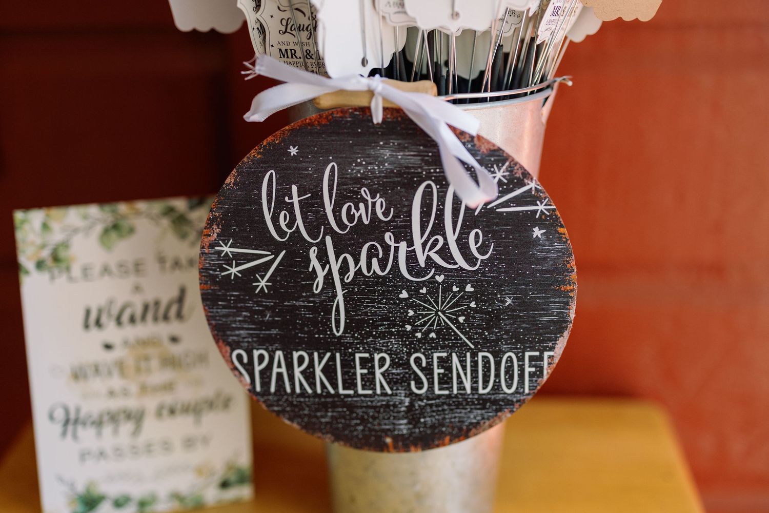 Wedding sparkler send off signs displayed on rustic black chalkboards with white lettering.