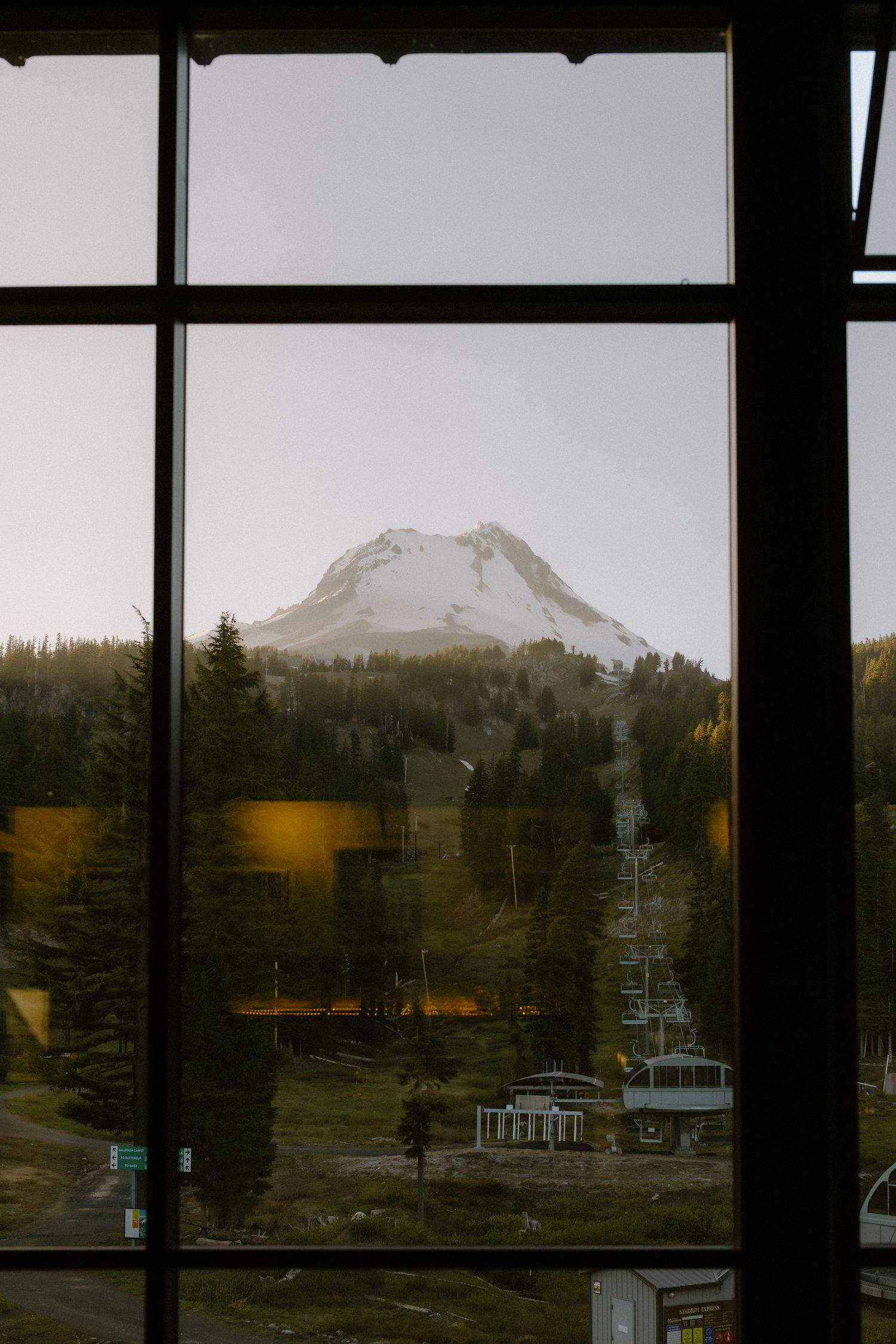 Snow-capped Mount Hood viewed through large window panes surrounded by evergreen forest at dusk.