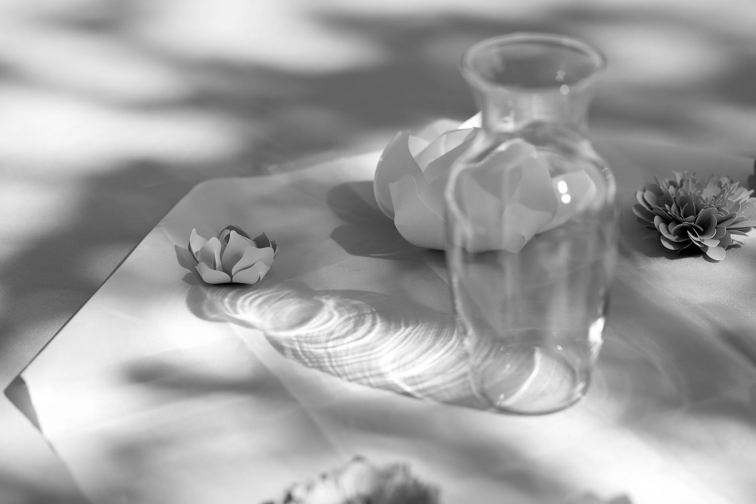 Elegant black and white macro photograph of a delicate water droplet with reflections creating an abstract pattern.