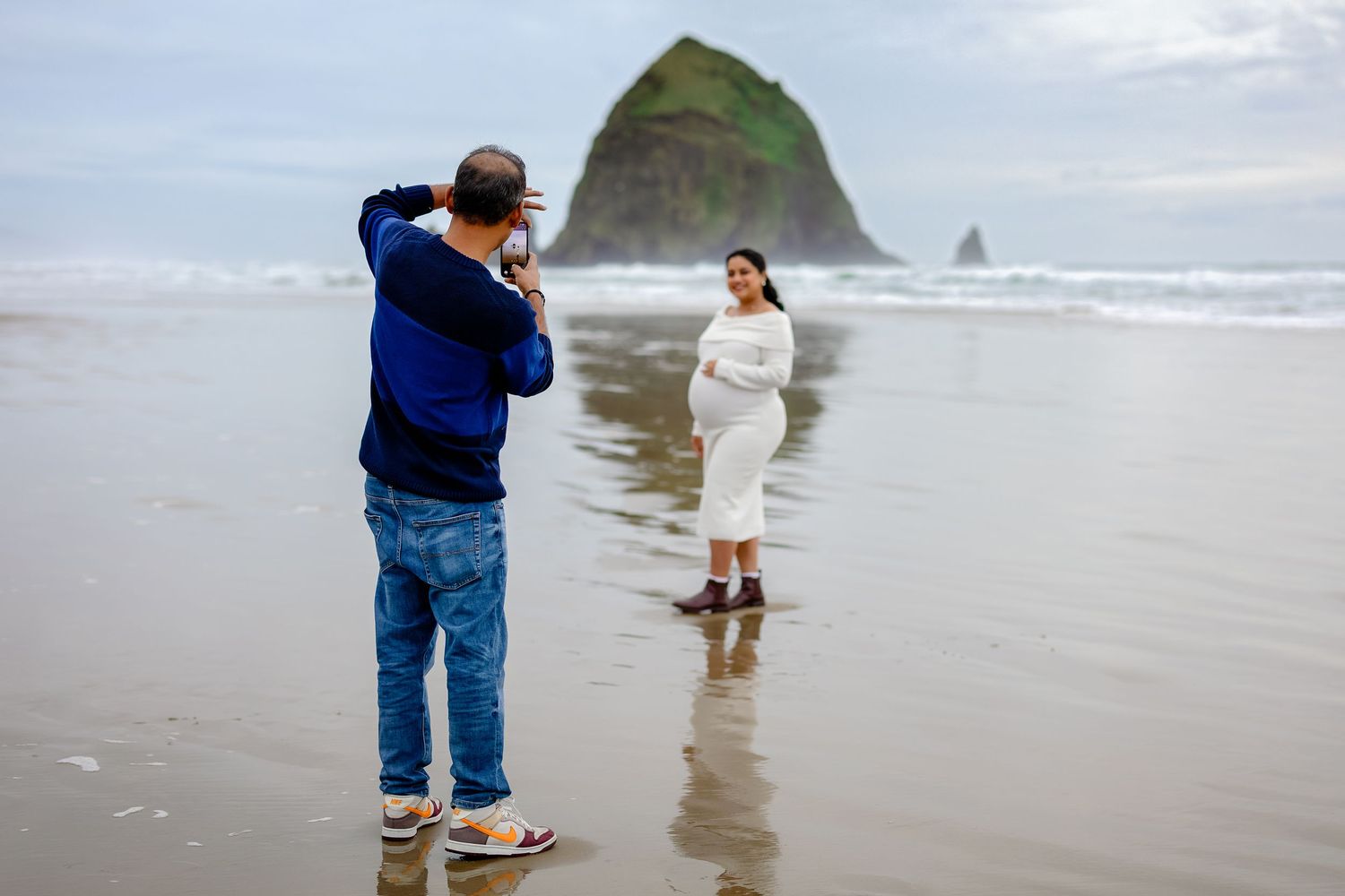 A series of candid beach photos showing people walking and playing along the shoreline at sunset.