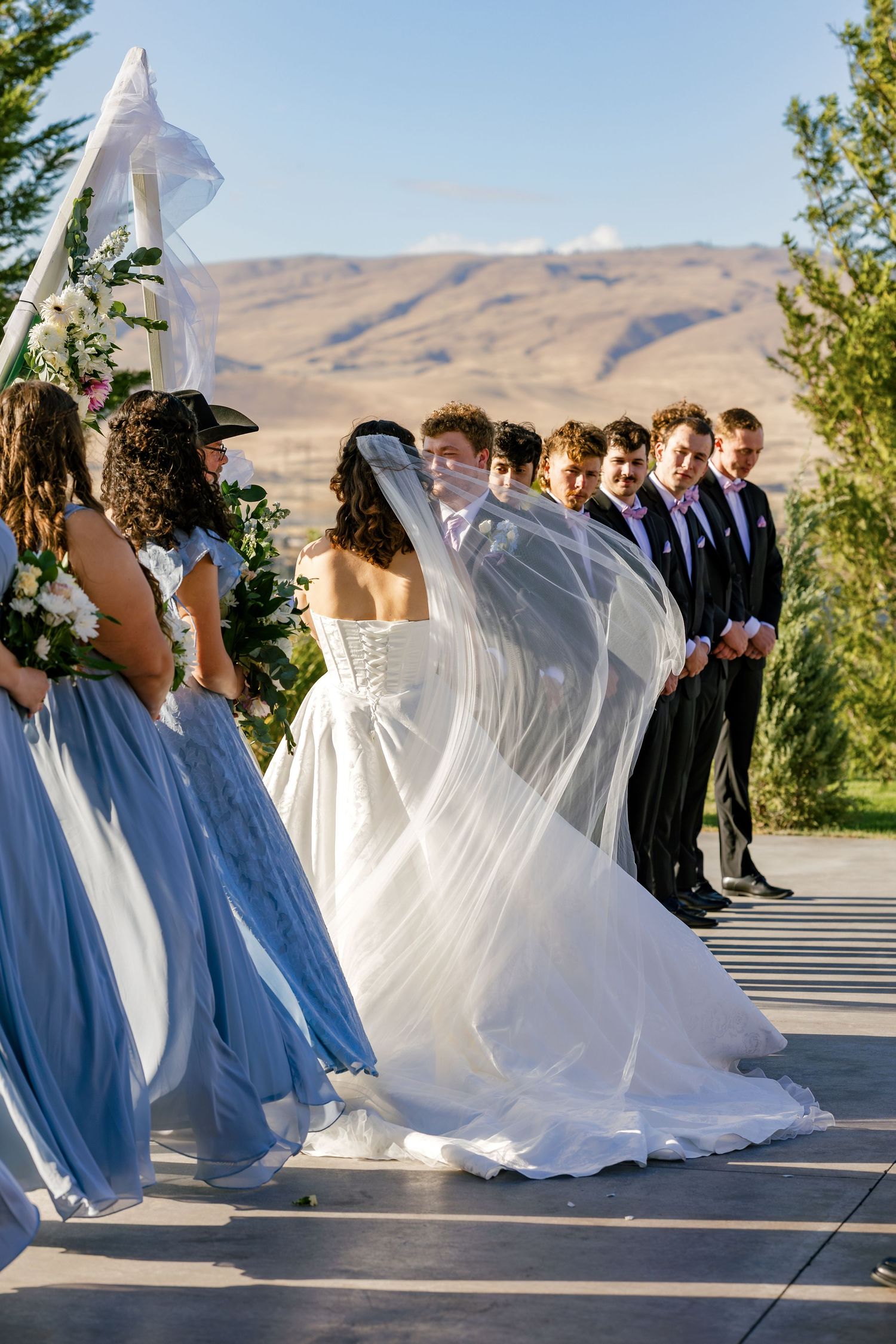Wedding party poses outdoors with bridesmaids in blue dresses and groomsmen in dark suits against mountain backdrop.