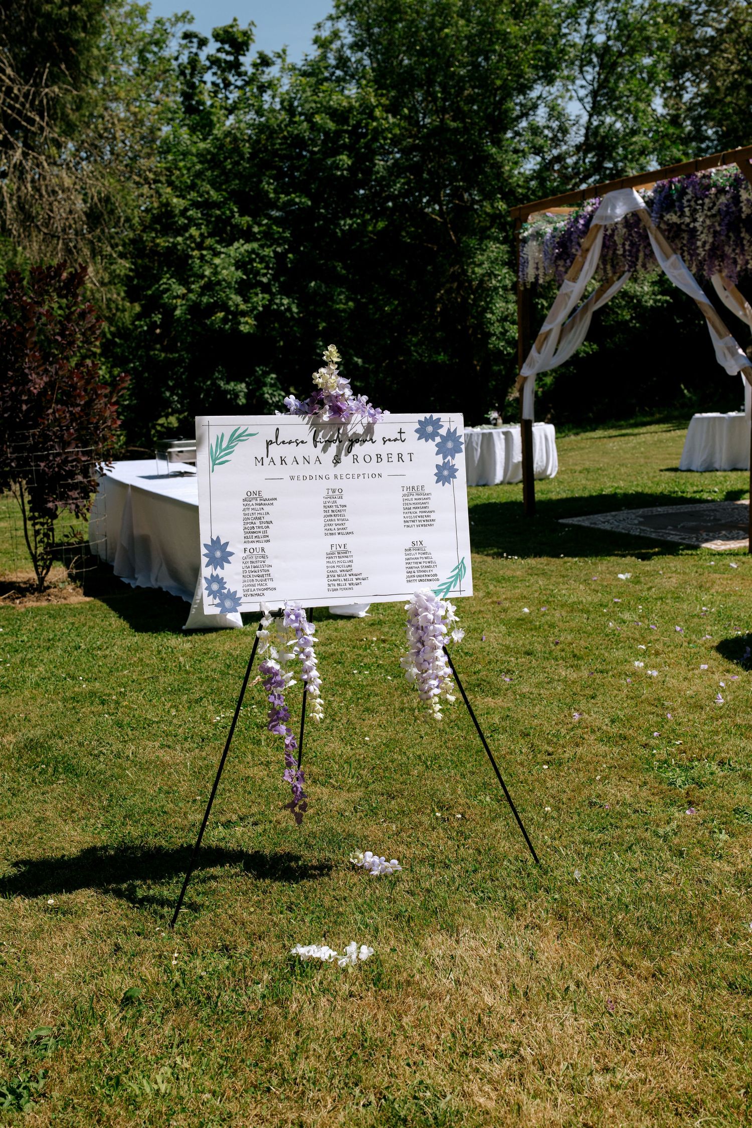 Outdoor wedding seating chart on easel with purple floral design and wisteria decorations on green lawn.