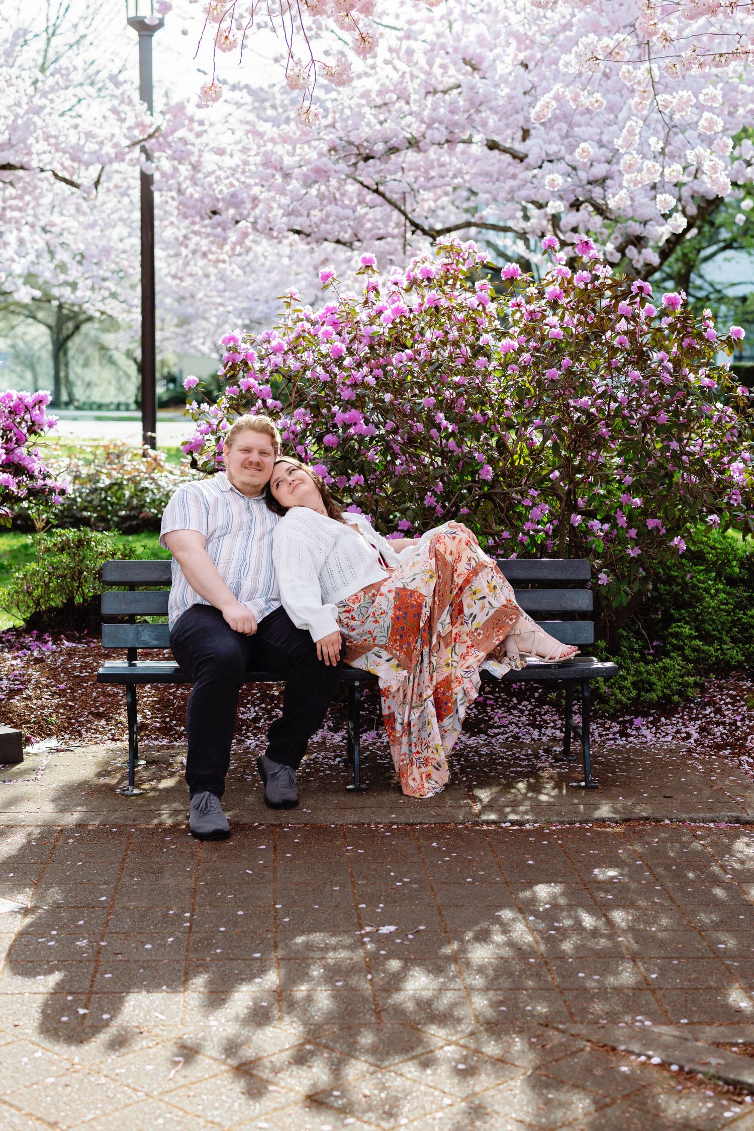 A sequence of photos showing a couple lounging on a park bench under blooming cherry blossom trees.