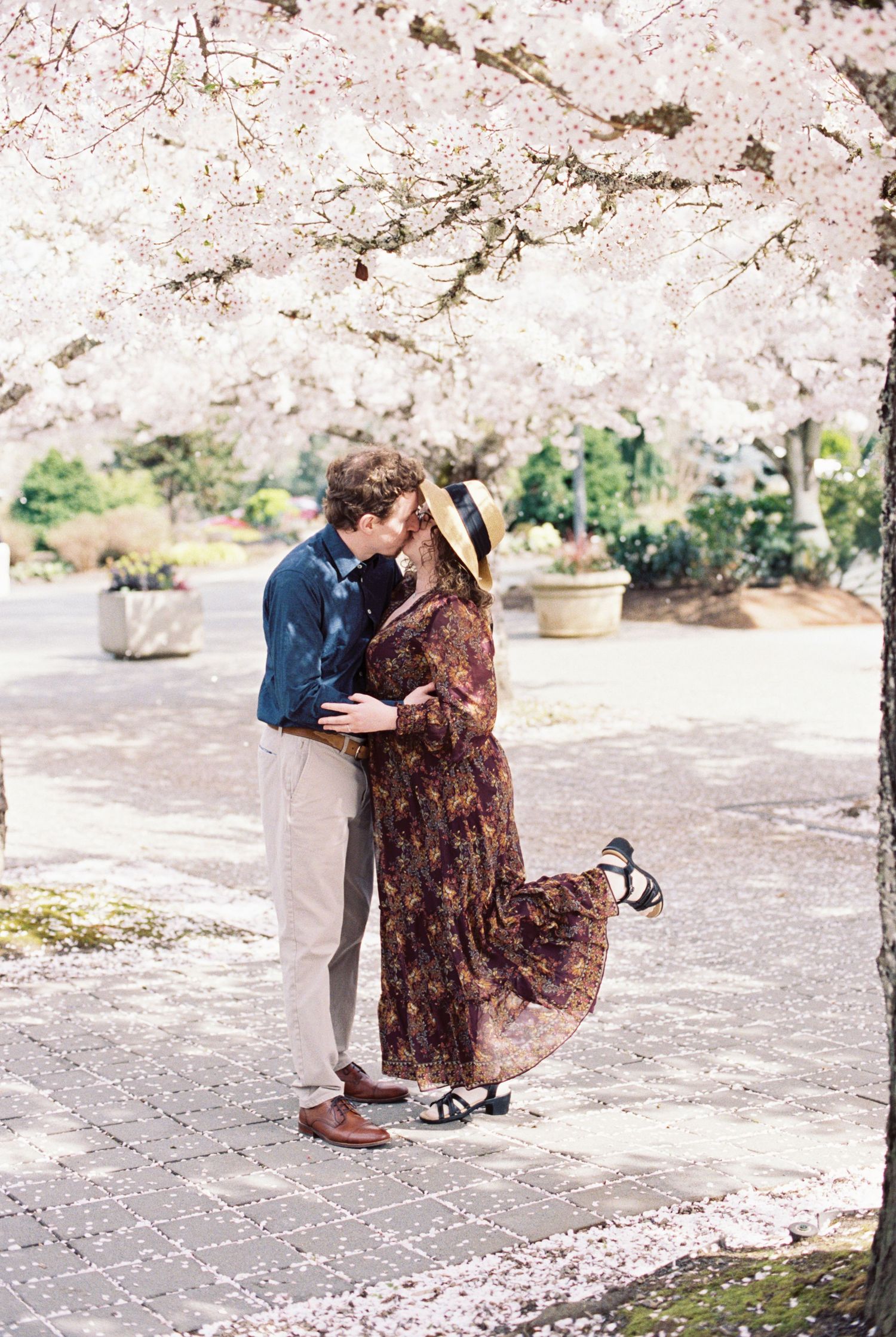 Romantic couple embracing under pink cherry blossoms with petals scattered on stone ground.