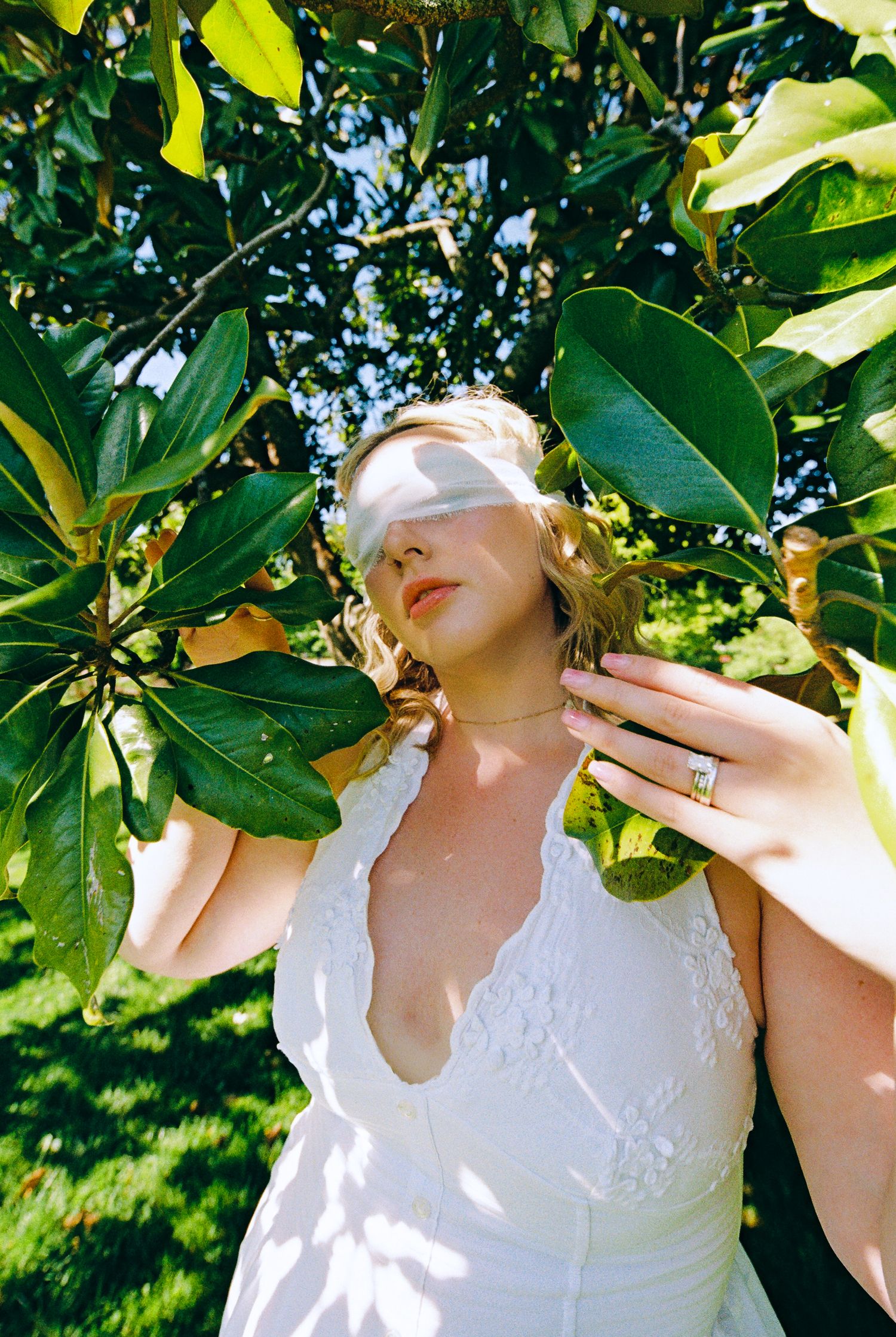 Bride in white lace gown standing among magnolia tree leaves with sunlight across her face.