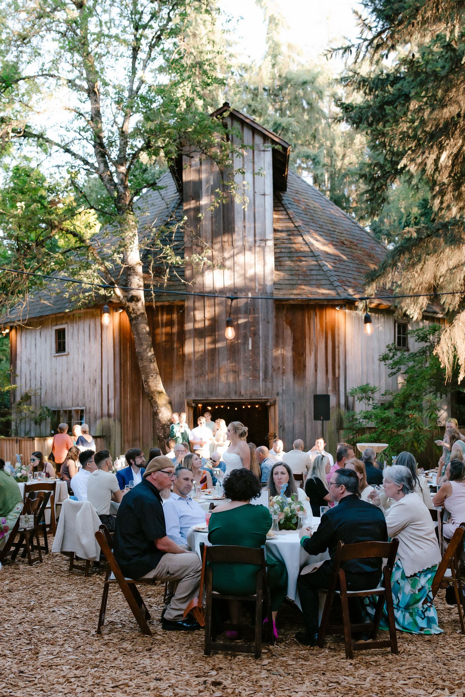 Guests dine at outdoor wedding reception beside a rustic wooden barn with string lights at dusk.