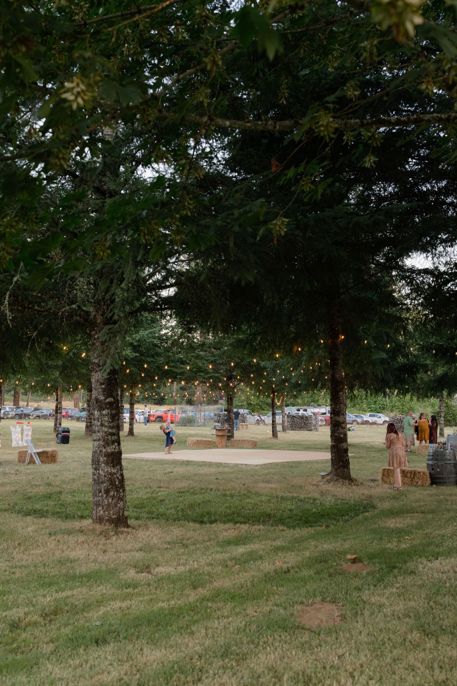 Outdoor wedding reception venue at dusk with string lights strung between trees over dance floor.