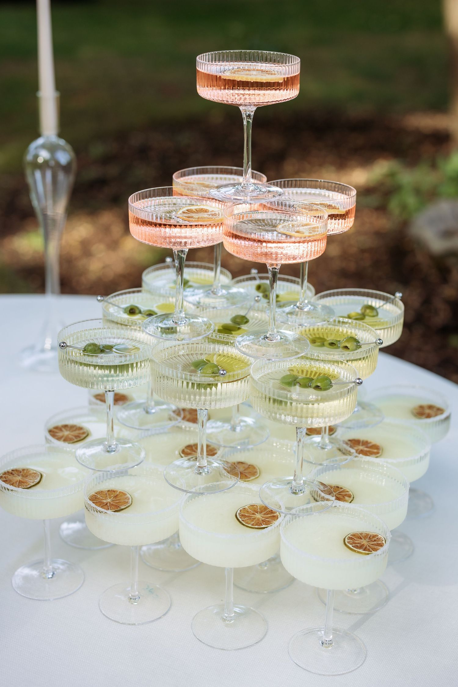 Rows of champagne coupe glasses filled with light cocktails and garnished with fresh herbs on a white tablecloth.