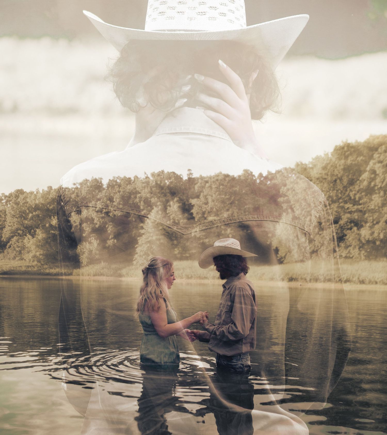 Romantic couple standing in lake water with cowboy hat overlay effect.
