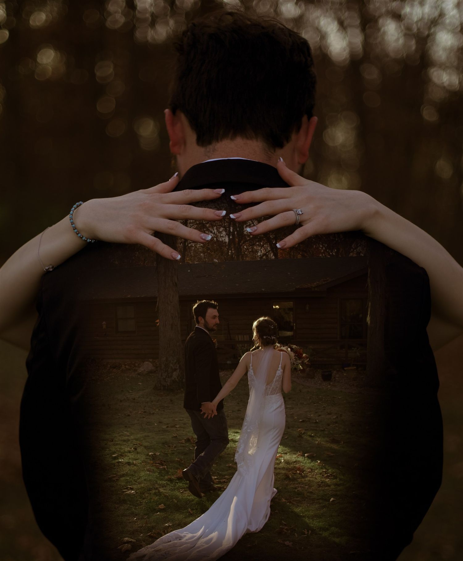 Romantic silhouette of a couple embracing in a wooded setting at dusk.