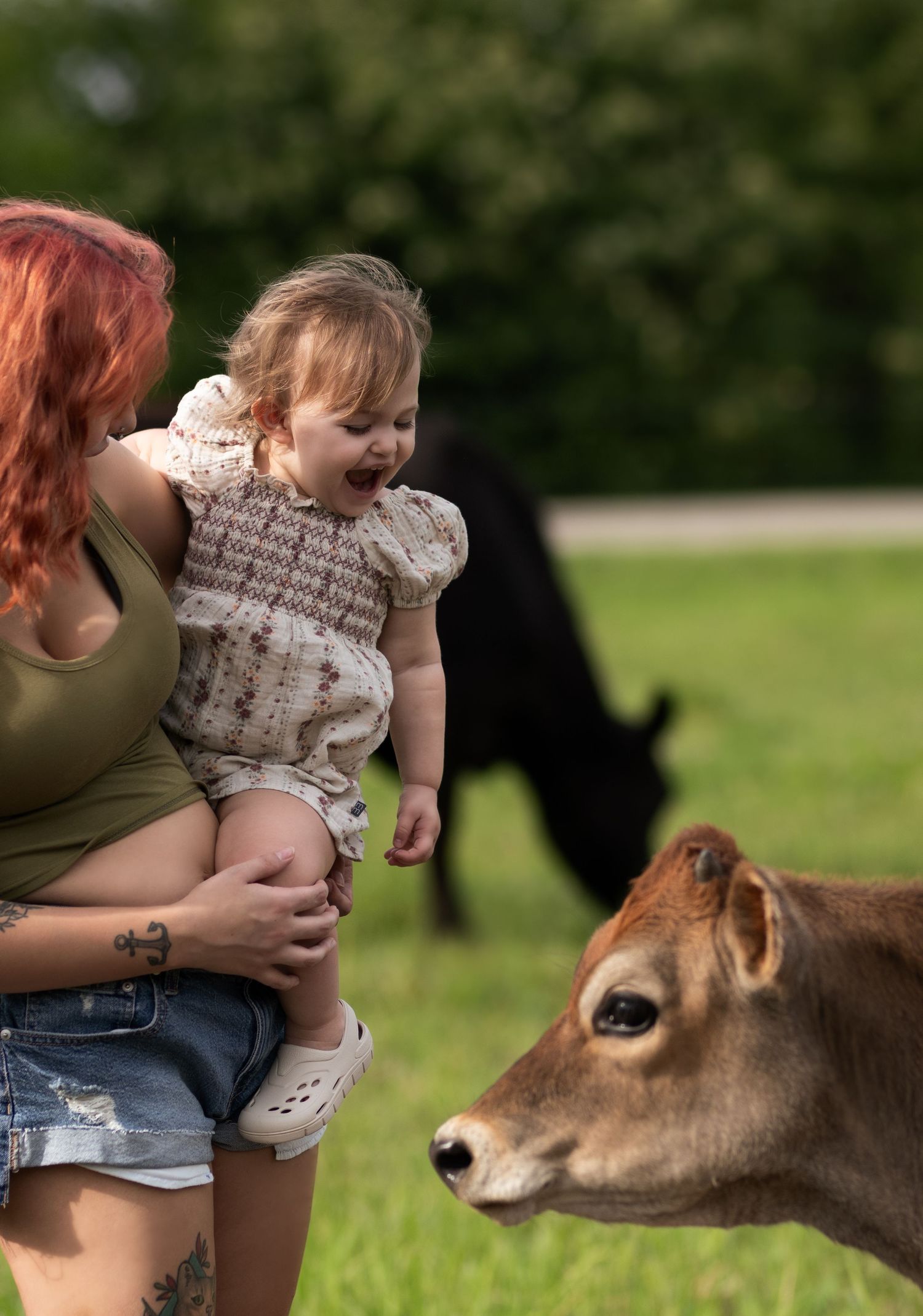 A red-haired woman holds a laughing toddler while a brown calf approaches them in a green pasture.
