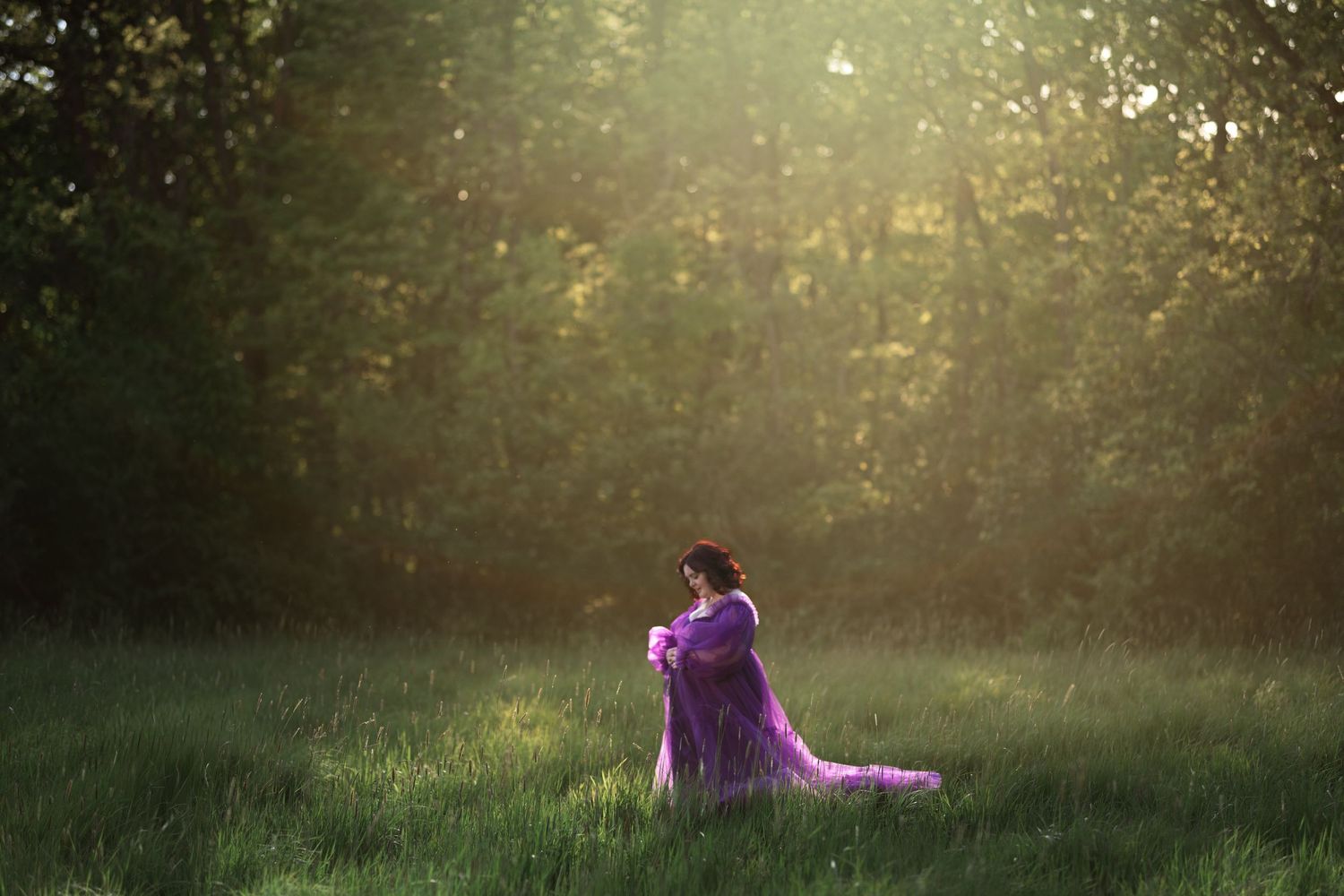 A woman in a flowing purple gown sits gracefully in a sunlit green meadow surrounded by lush trees.