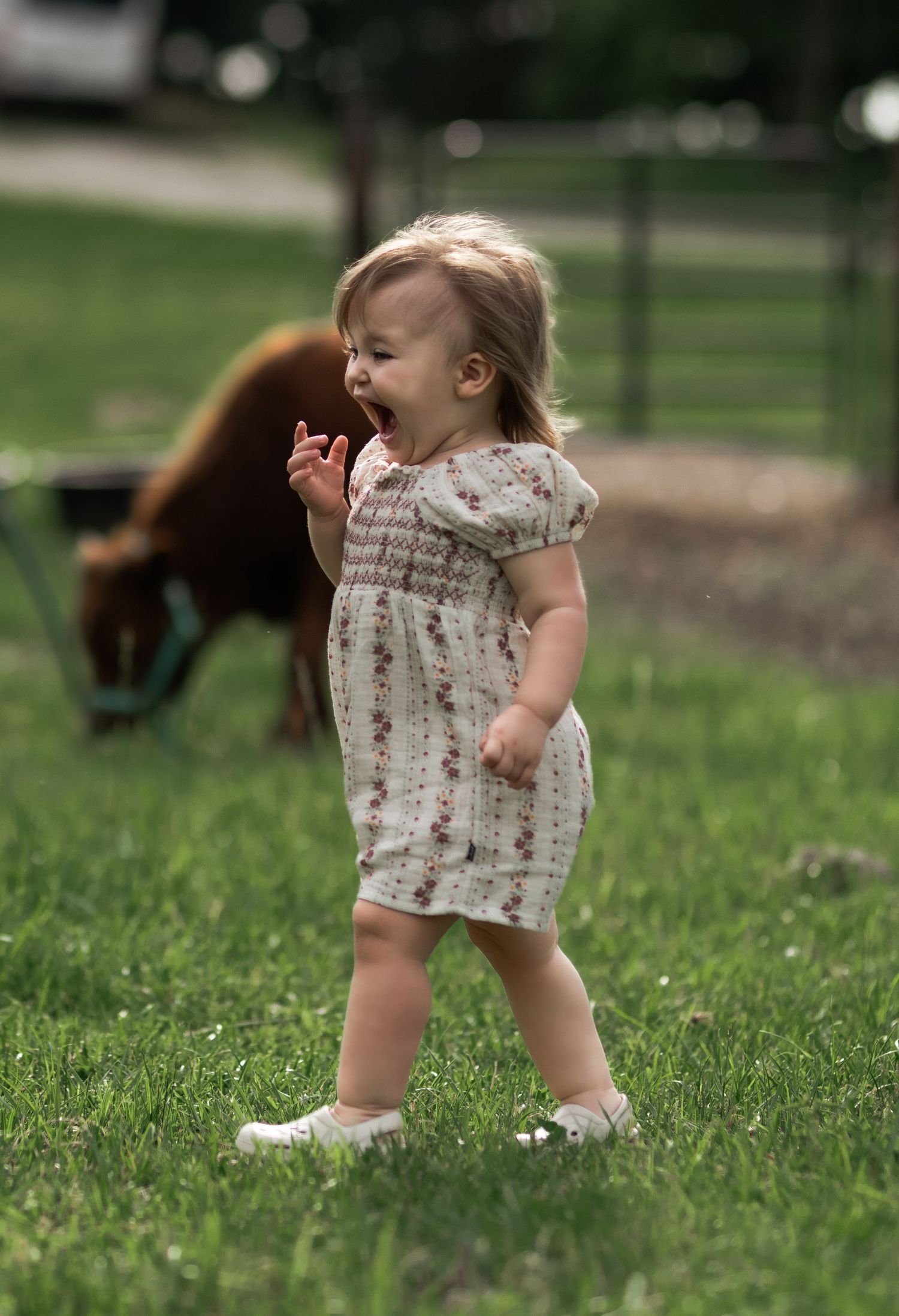 Toddler girl in floral dress laughing and walking on green grass with a brown horse grazing in background.