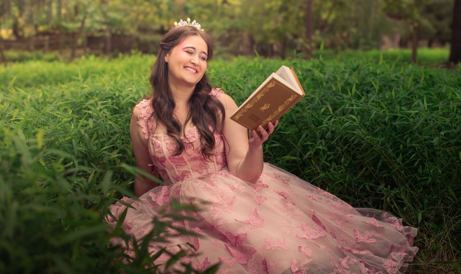 Whimsical outdoor portraits featuring elegant dresses and natural woodland scenery.