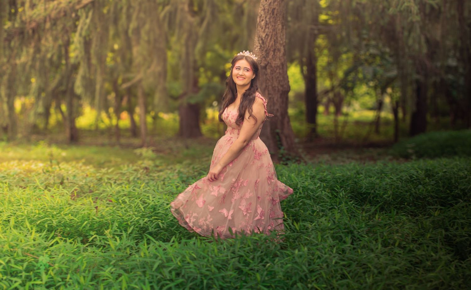 Dreamy garden scene with figure in flowing pink dress twirling among trees.