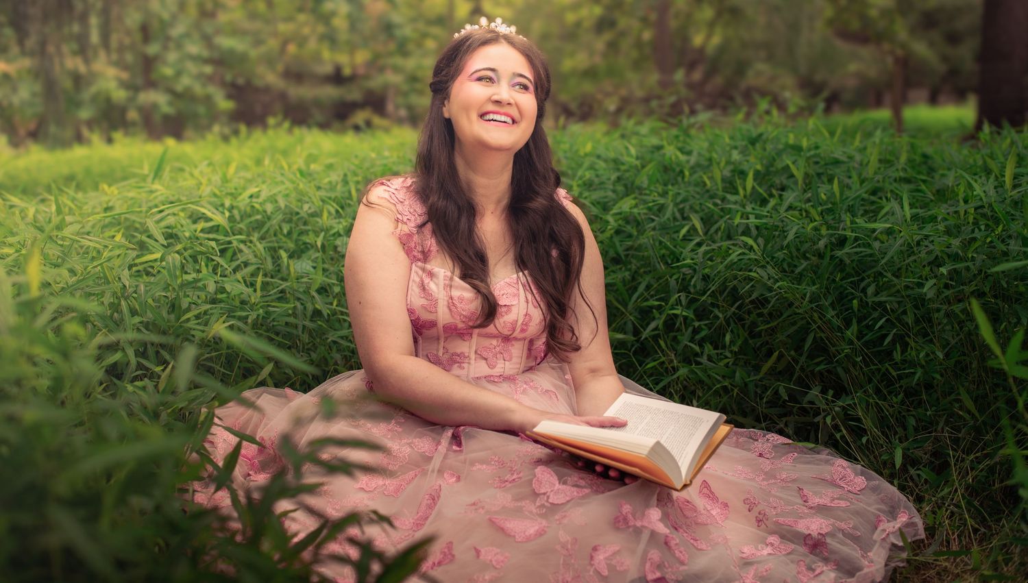 Storybook inspired photoshoot with flowing dresses in a magical forest setting.