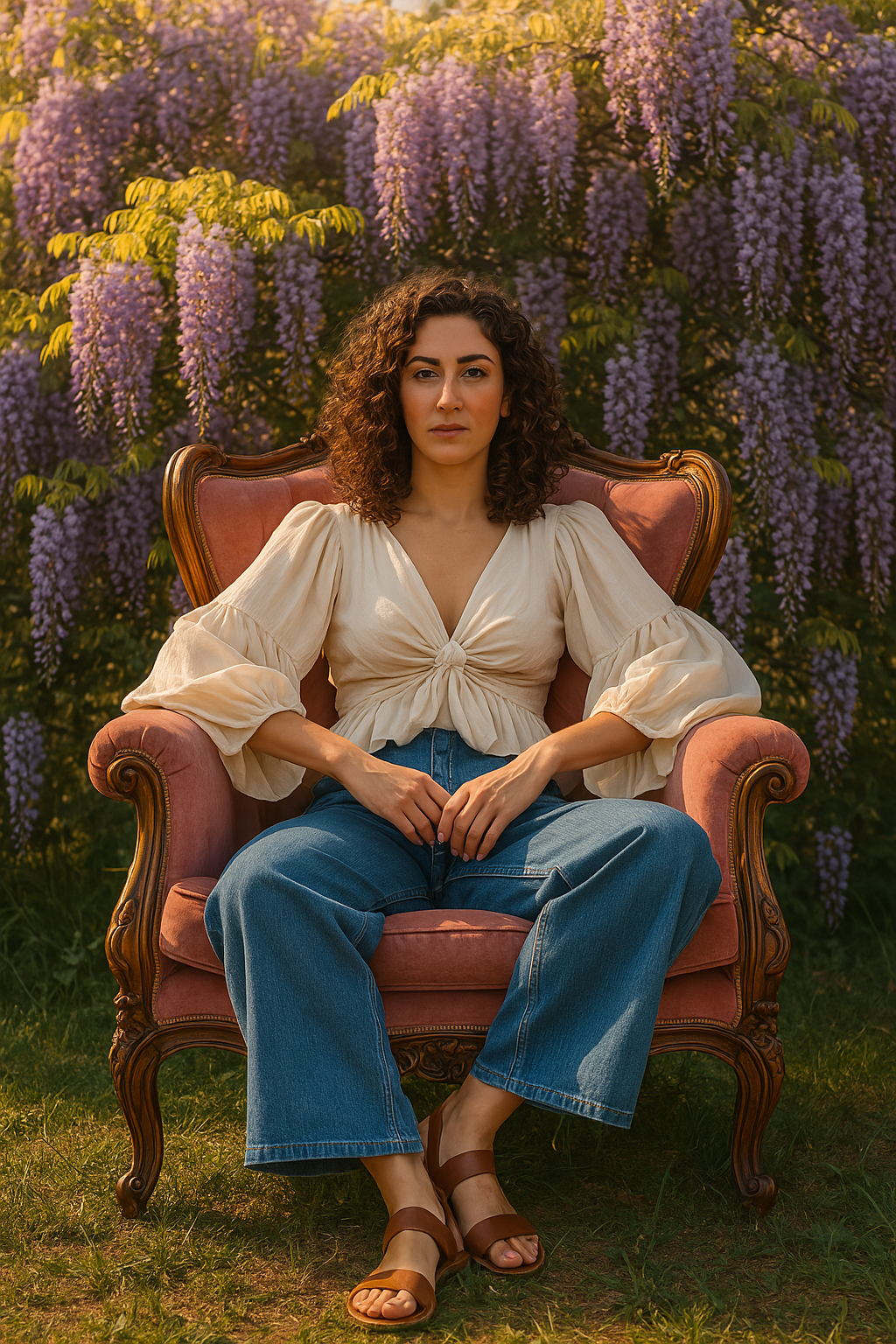 AI photo of woman set against blooming wisteria with vintage brown armchair and casual spring outfit in warm evening light.