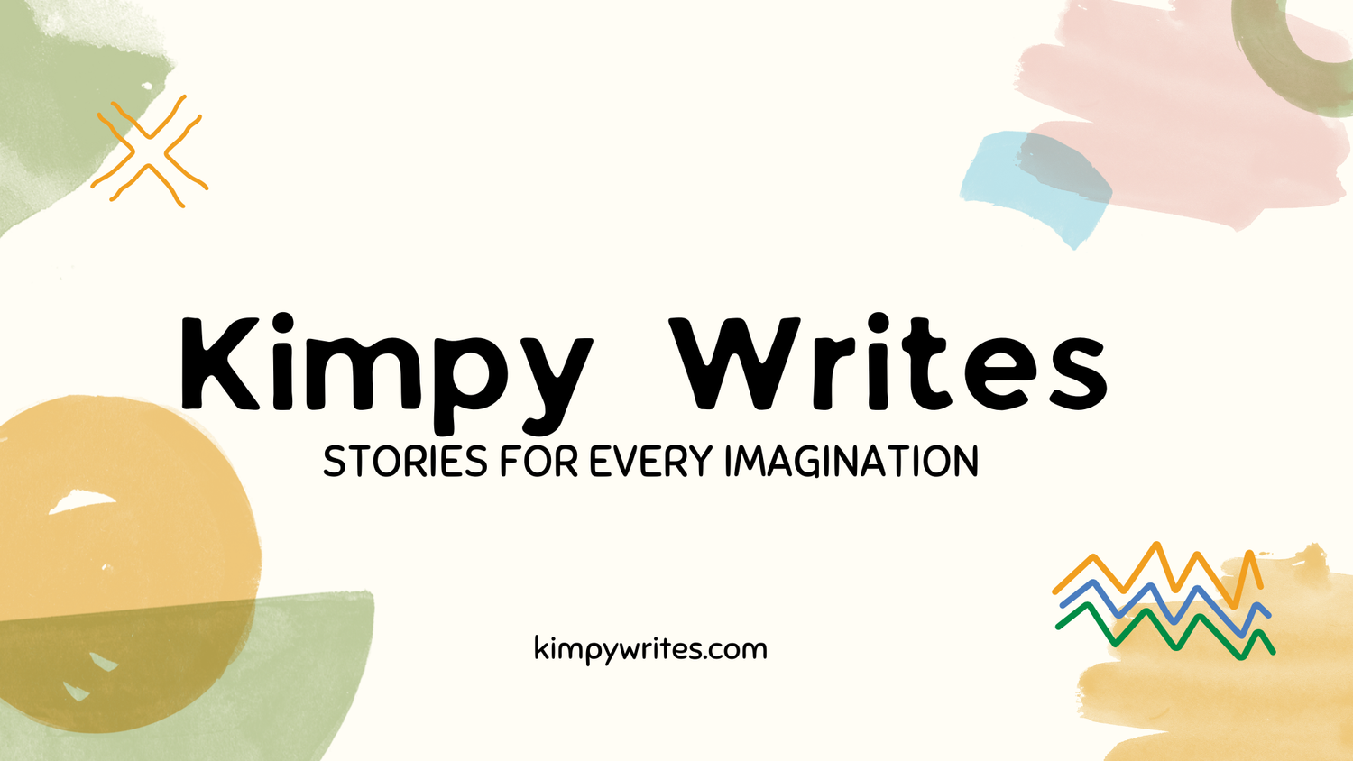 Kimpy Writes brand logo banner with colorful abstract shapes and tagline Stories For Every Imagination.