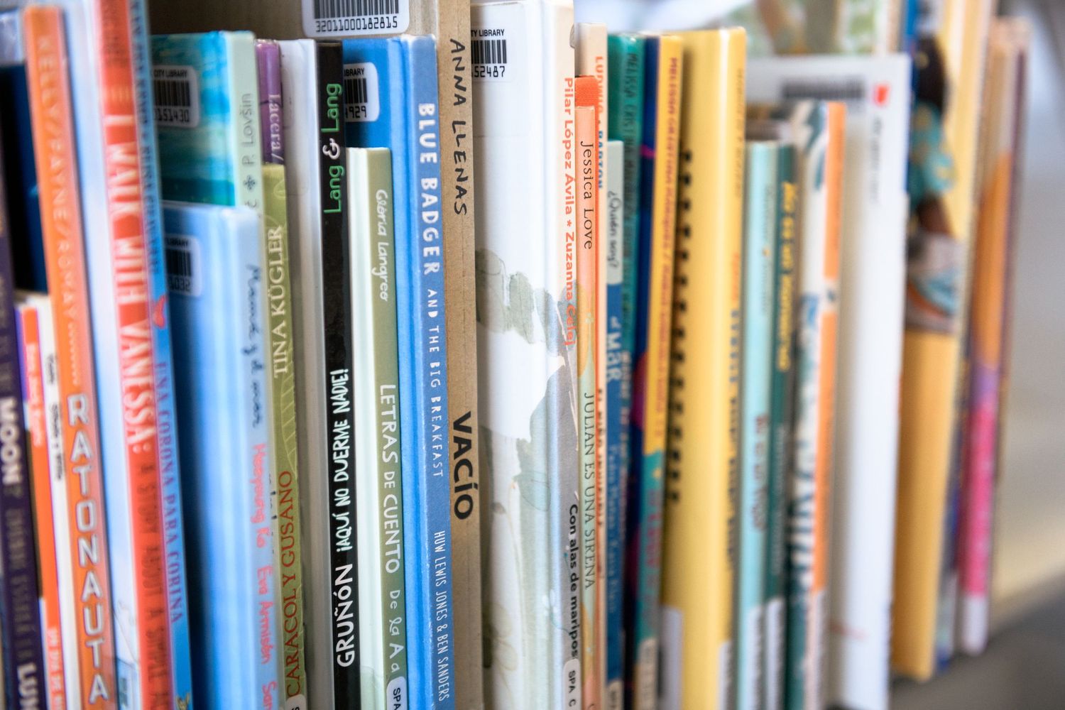 Colorful children's books arranged upright on a library shelf with visible spines.