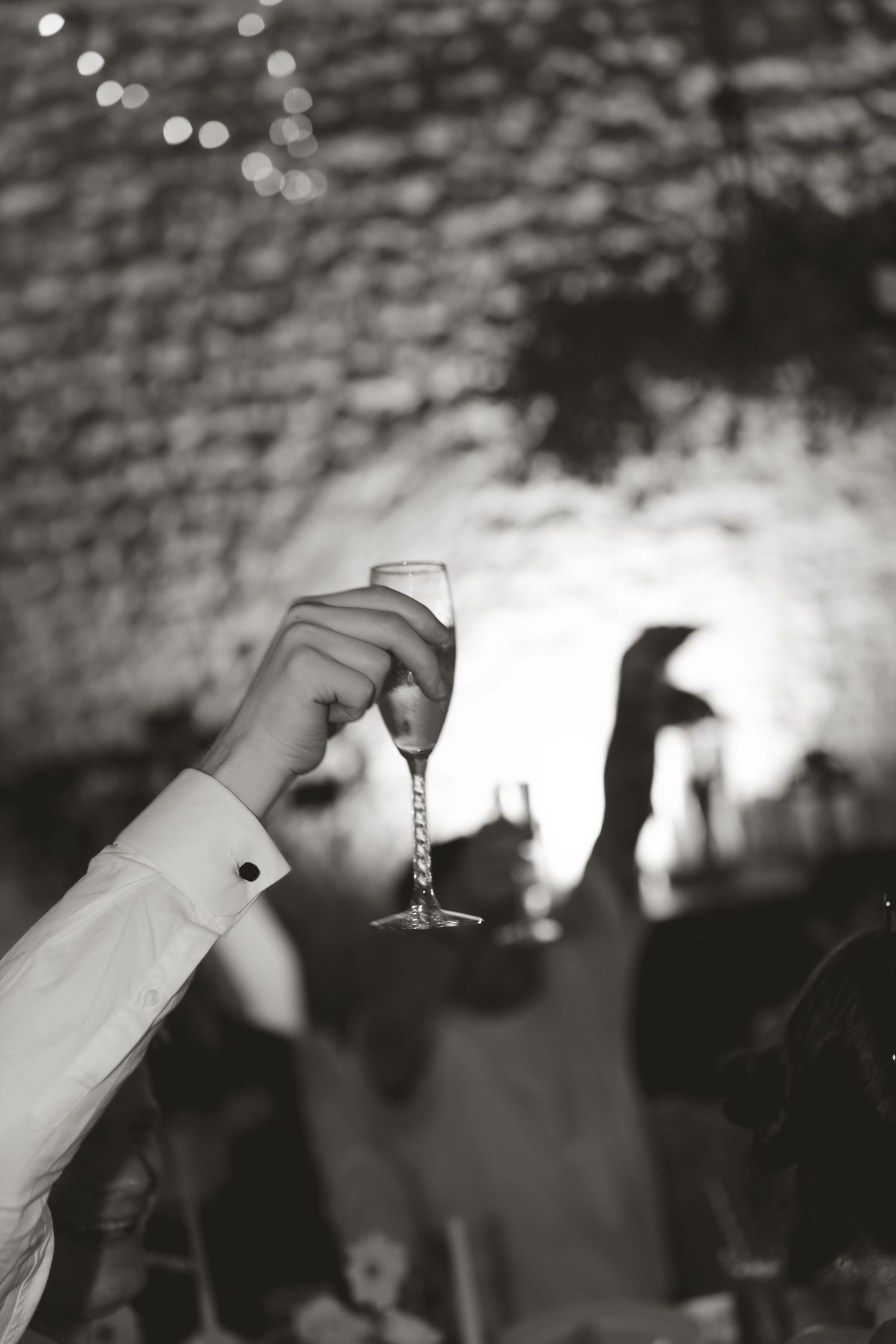 Silhouetted hands raise champagne glasses against illuminated stone wall at wedding reception.