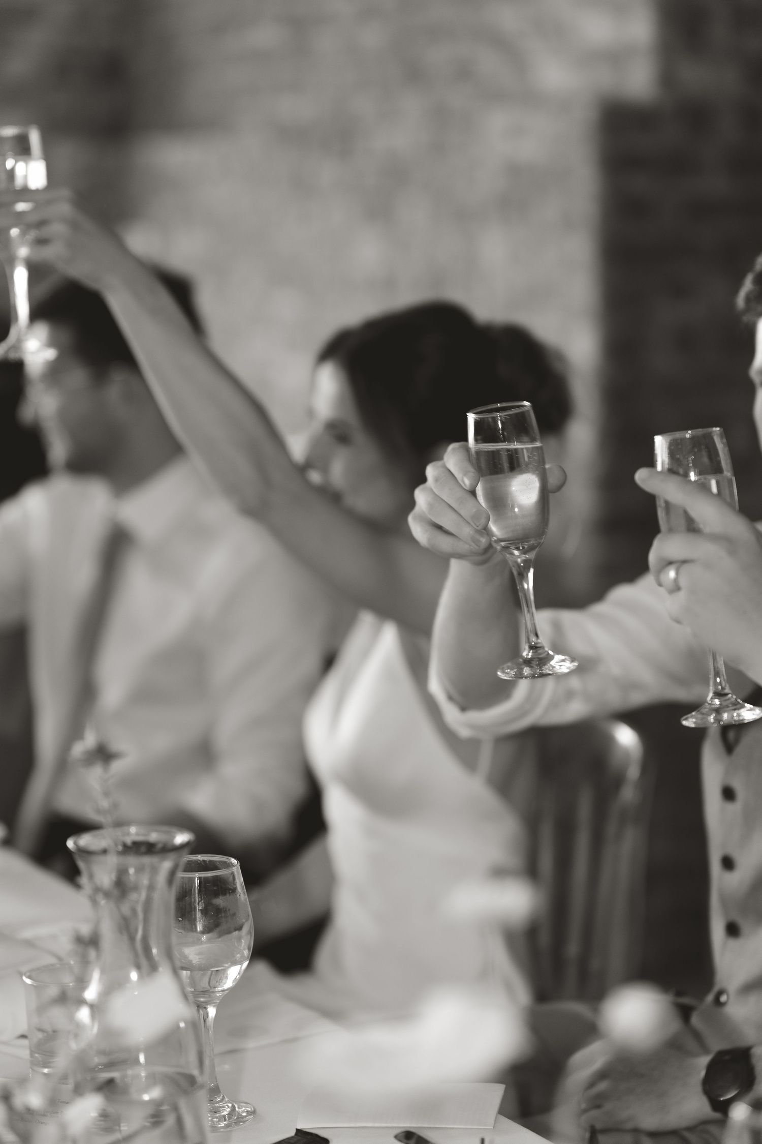 Wedding reception guests raising glasses in celebration at formal dinner.