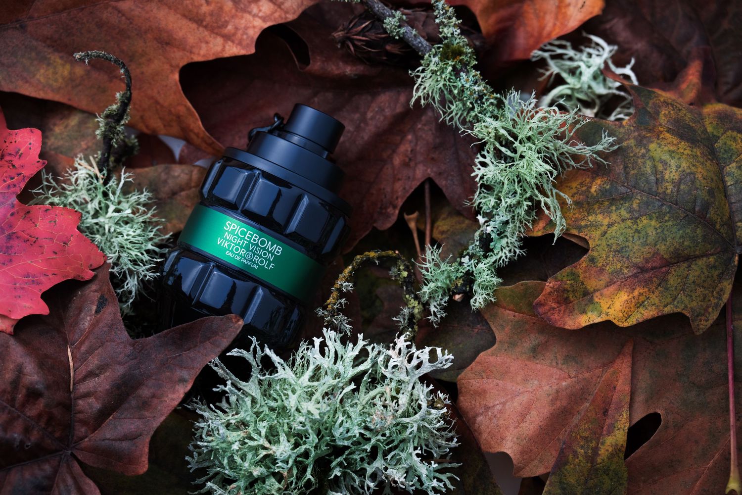 Spicebomb Night Vision perfume bottle styled with leaves and moss, photographed for luxury fragrance branding.