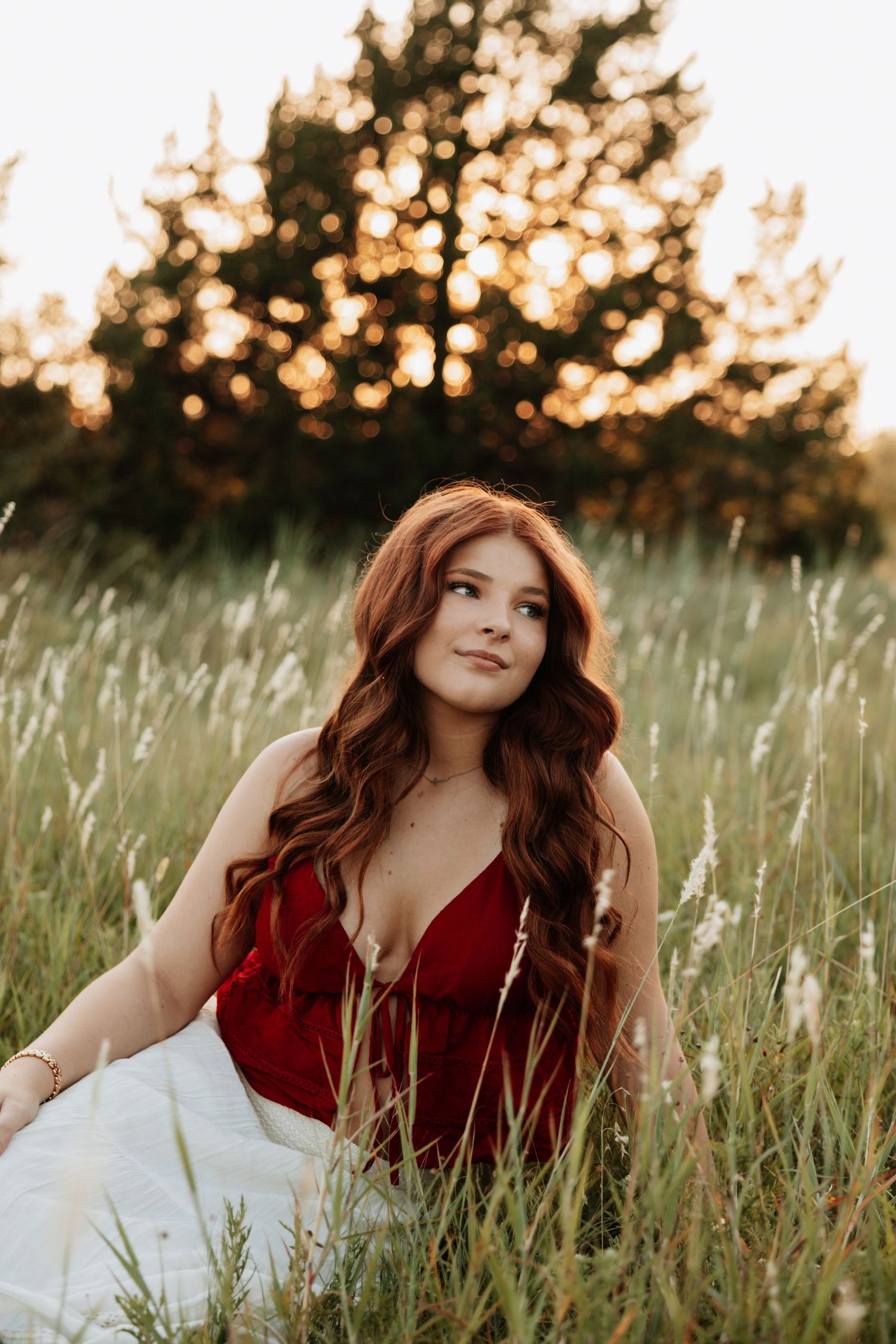Woman in burgundy dress lounging elegantly in a sunlit meadow.