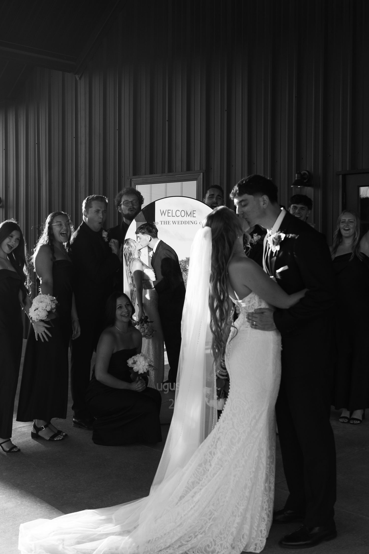 Black and white photos showing couples dancing at a wedding reception.