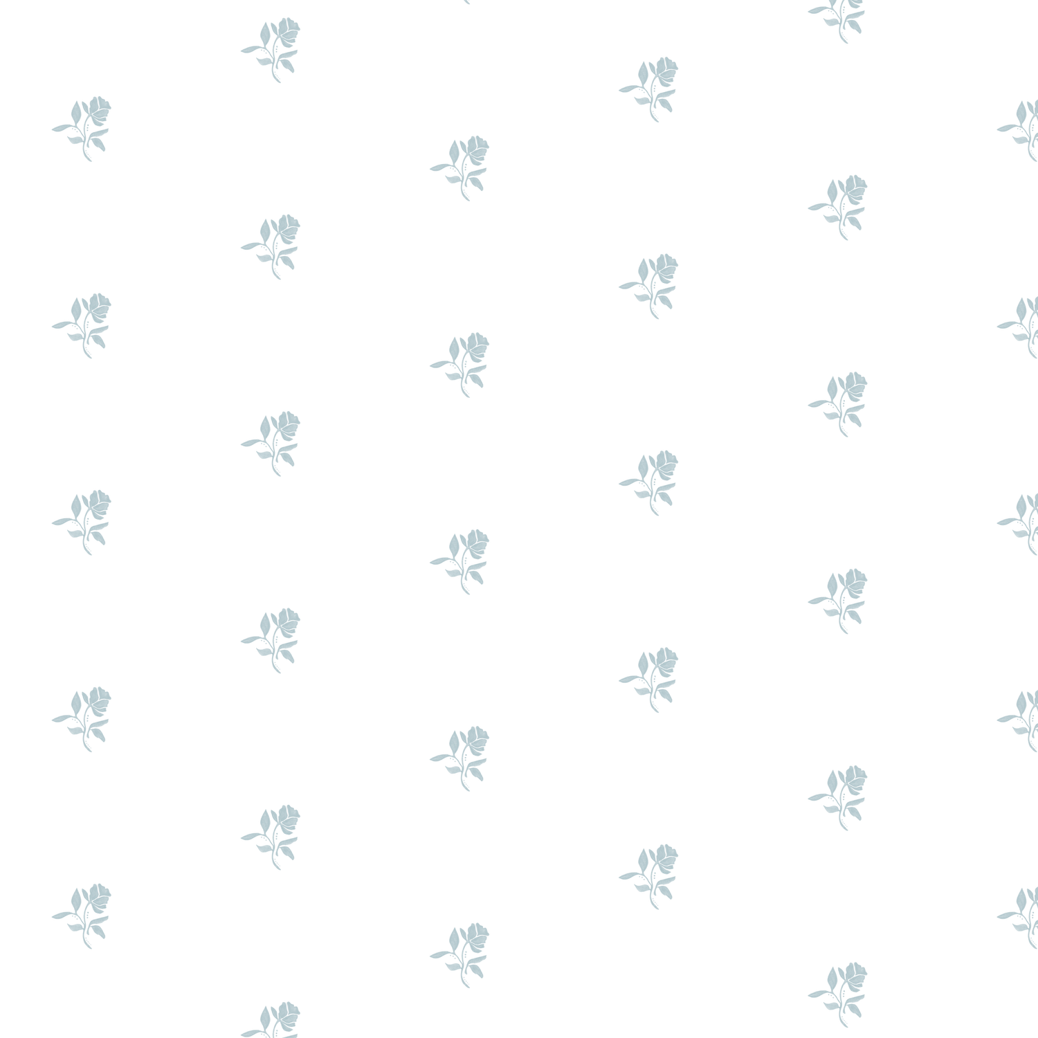 Delicate blue rose floral pattern on white background, small scattered roses in soft watercolor style.
