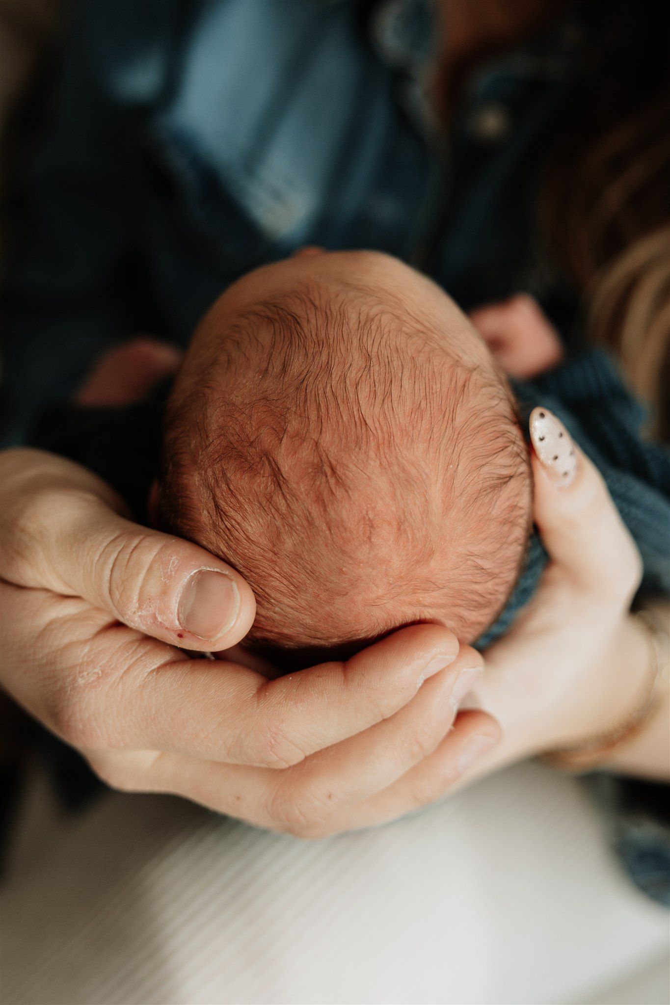Close up of gentle hands cradling a newborn baby's head.
