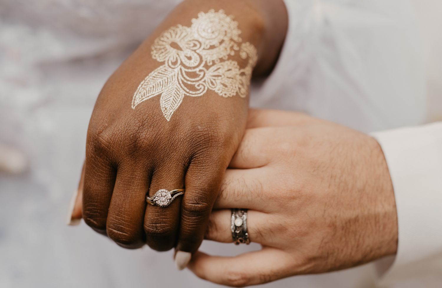 Close-up shots of hands wearing wedding rings showing various angles and details of the jewelry and skin tones.
