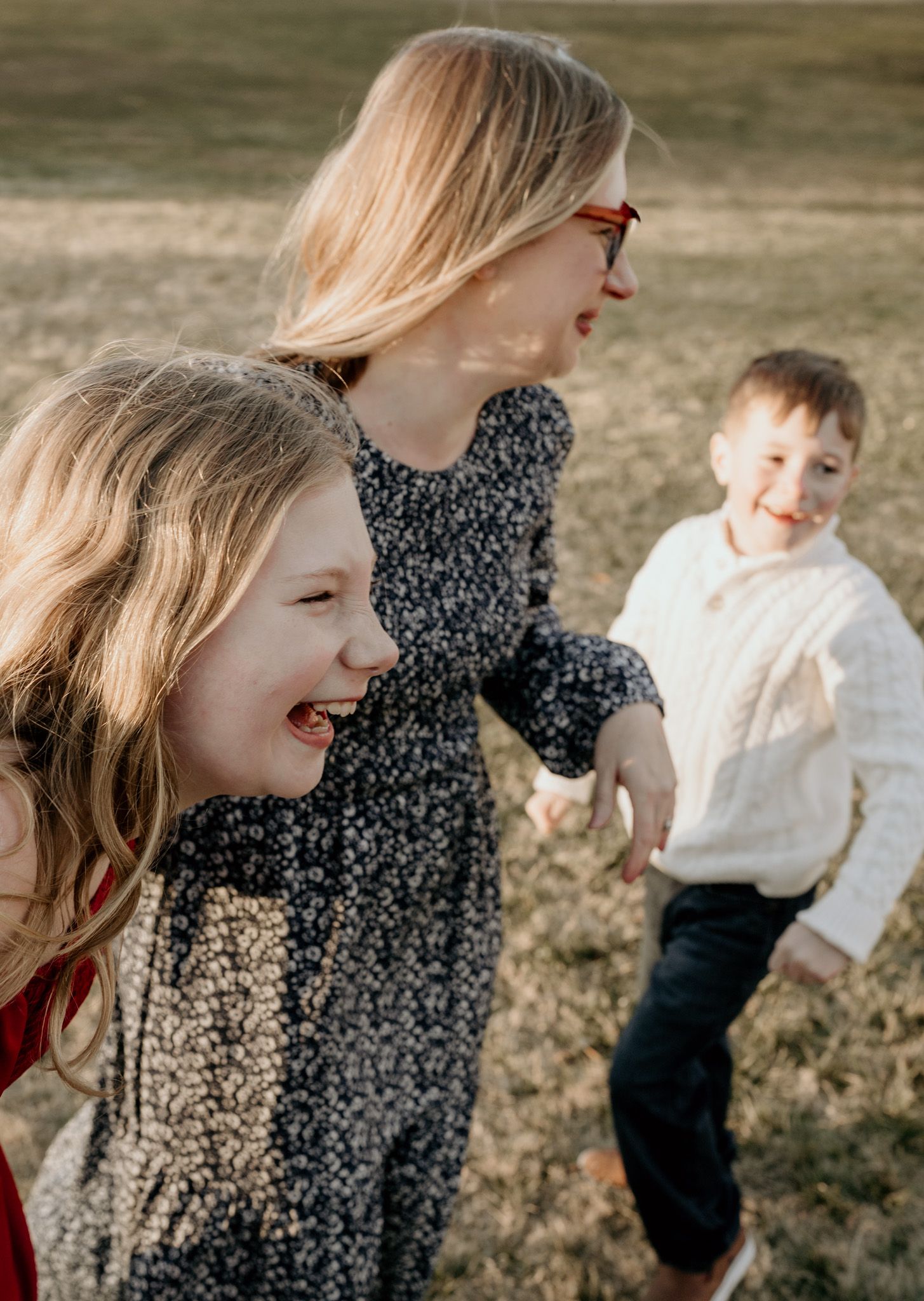 A playful series of candid moments captured outdoors showing joyful interaction and movement in natural lighting.