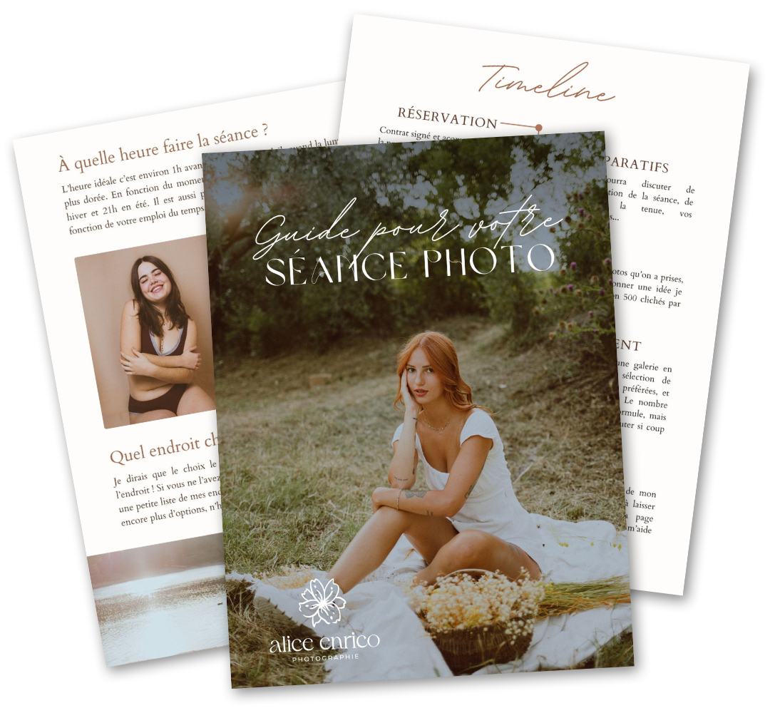 Visuel du guide pour une séance photo, offert à toutes les clientes de Alice Enrico Photographie, qui explique comment se préparer