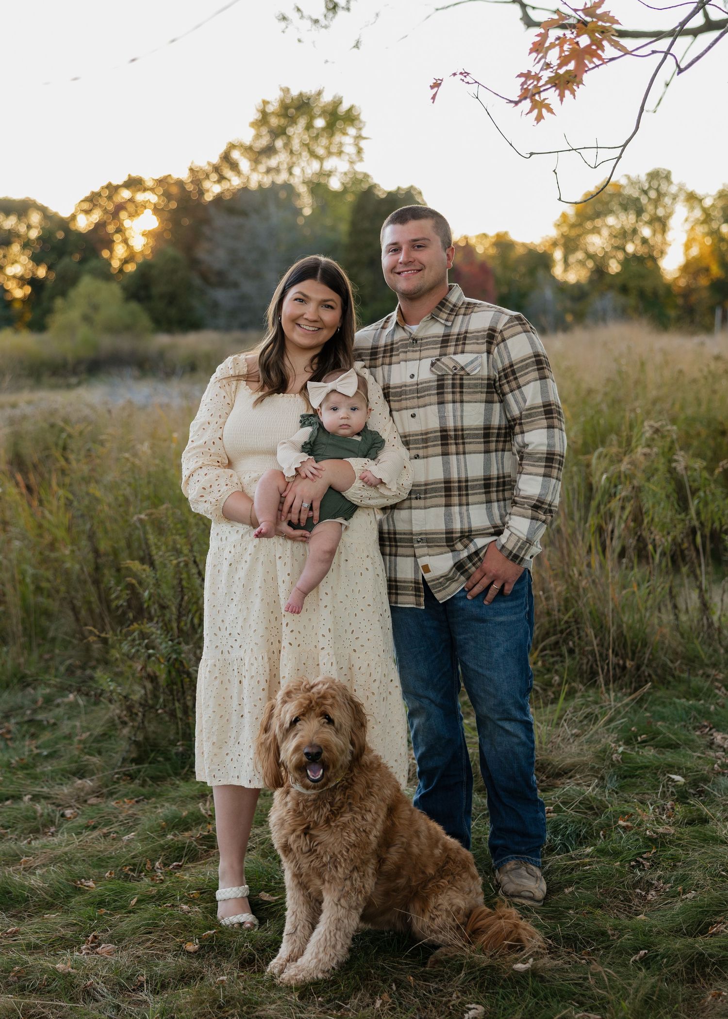 Family portrait in a golden field at sunset with their goldendoodle dog.