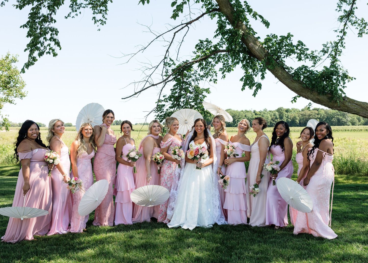 Bride in white gown poses with bridesmaids in pink dresses holding white fans on a green lawn.